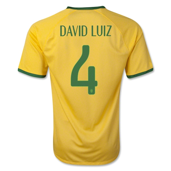 Breathable 2014 Brazil 4 DAVID LUIZ Home Yellow Jersey Shirt