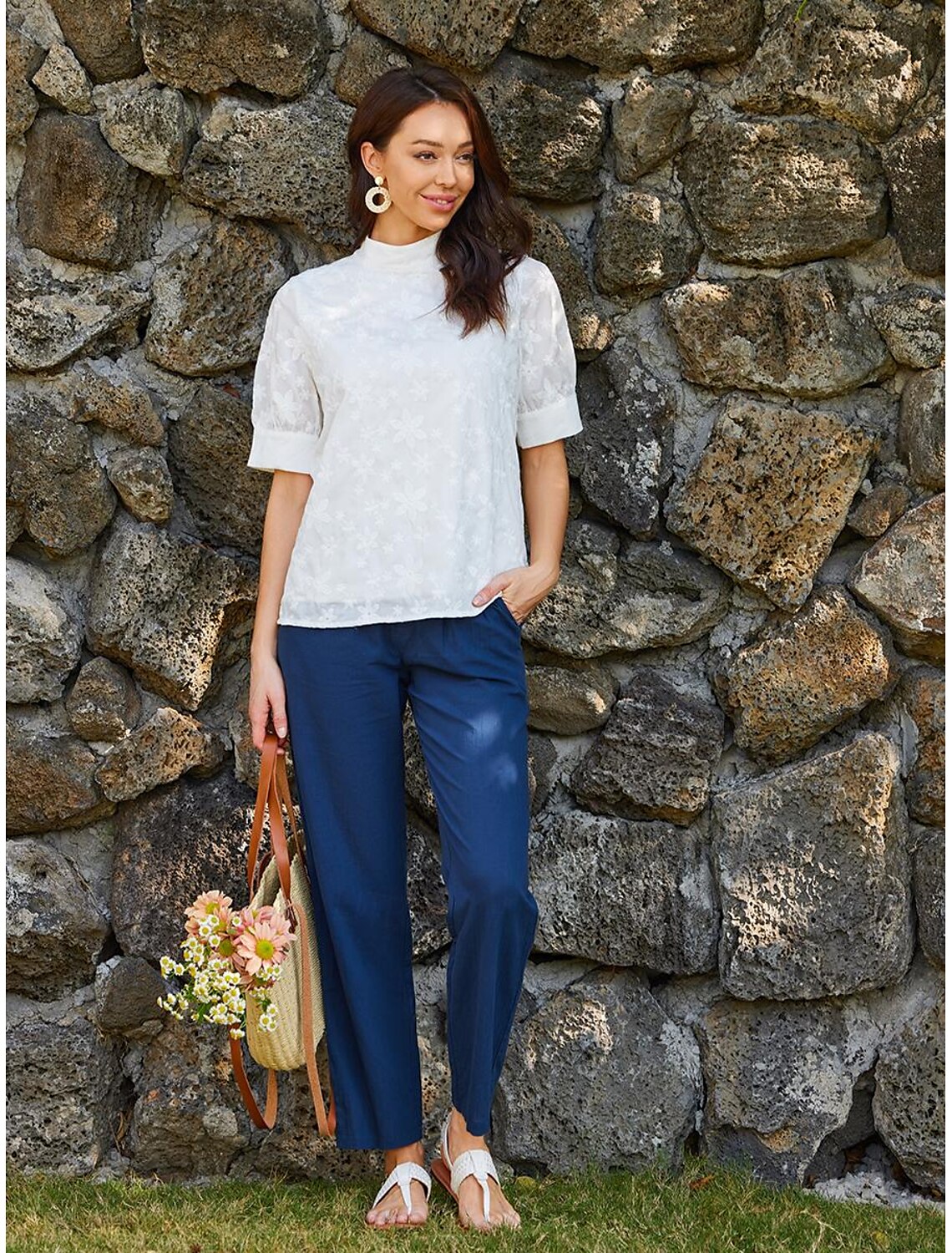 Women's Elegant Lace Tops Eyelet Blouse Turtleneck Dressy Tops Luxurious Floral Regular Tops Short Sleeve Embroidered Regular Fit Vacation Casual Romantic Petite Tops Summer Holiday Wear