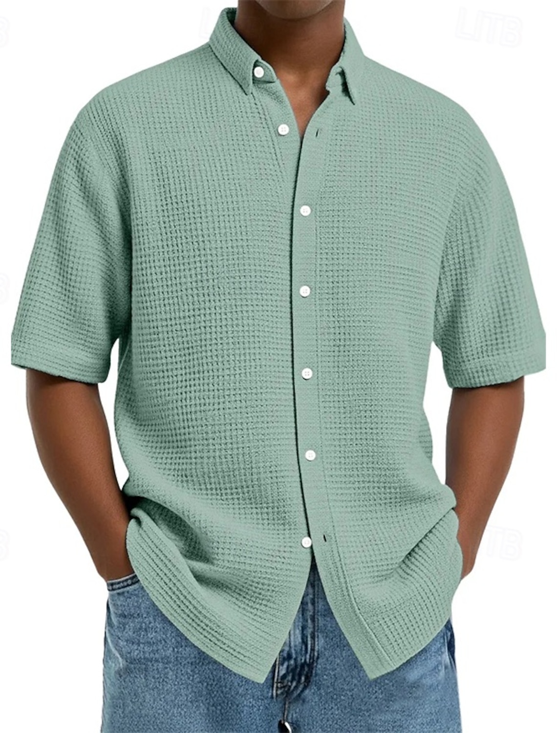 Men's Shirt Waffle Texture Casual Button Up Black White Wine Navy B #1