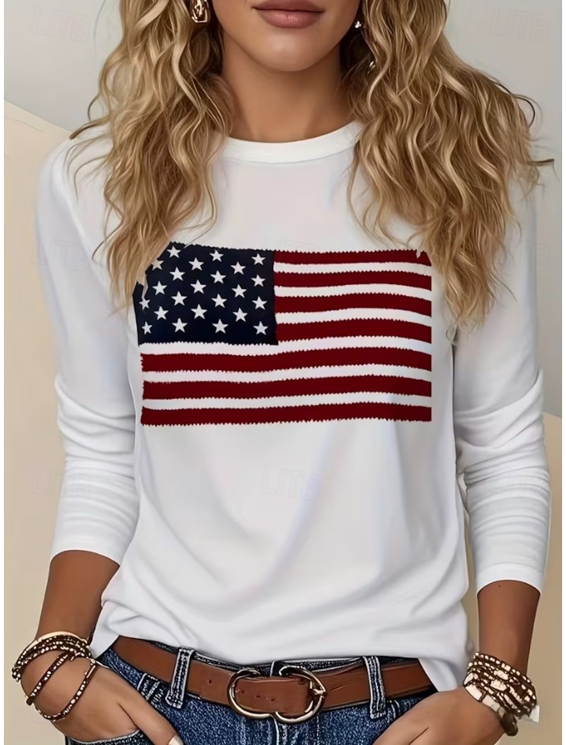 Independence Day PatrioticWomen's T Shirt Print Graphic Flag American Flag Stylish Classic Casual Long Sleeve Crew Neck Regular Tops Daily White Summer Spring