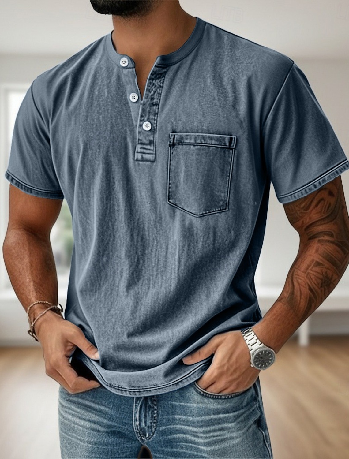 Men's Henley Shirt 100% Cotton Acid Wash T Tee Short Sleeve Solid #1