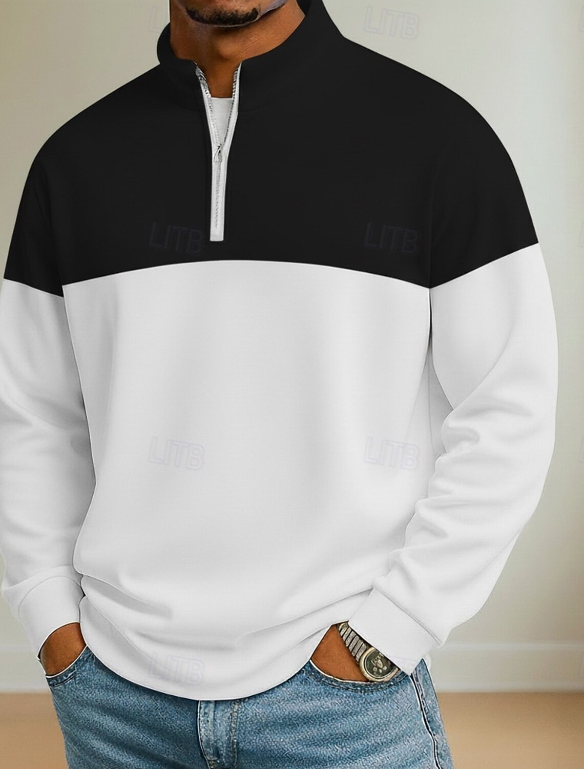 Men's Color Block Zip Polo Shirts Long Sleeve Grandad Collar Casual