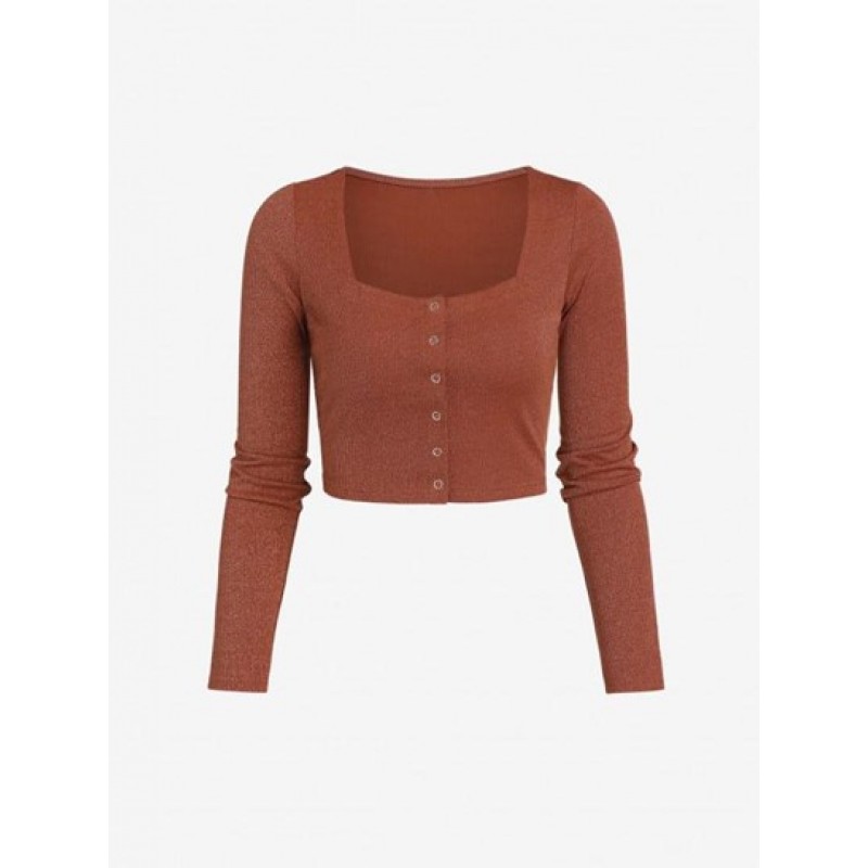 Snap Button Cropped Metallic Ribbed Tee KM5867