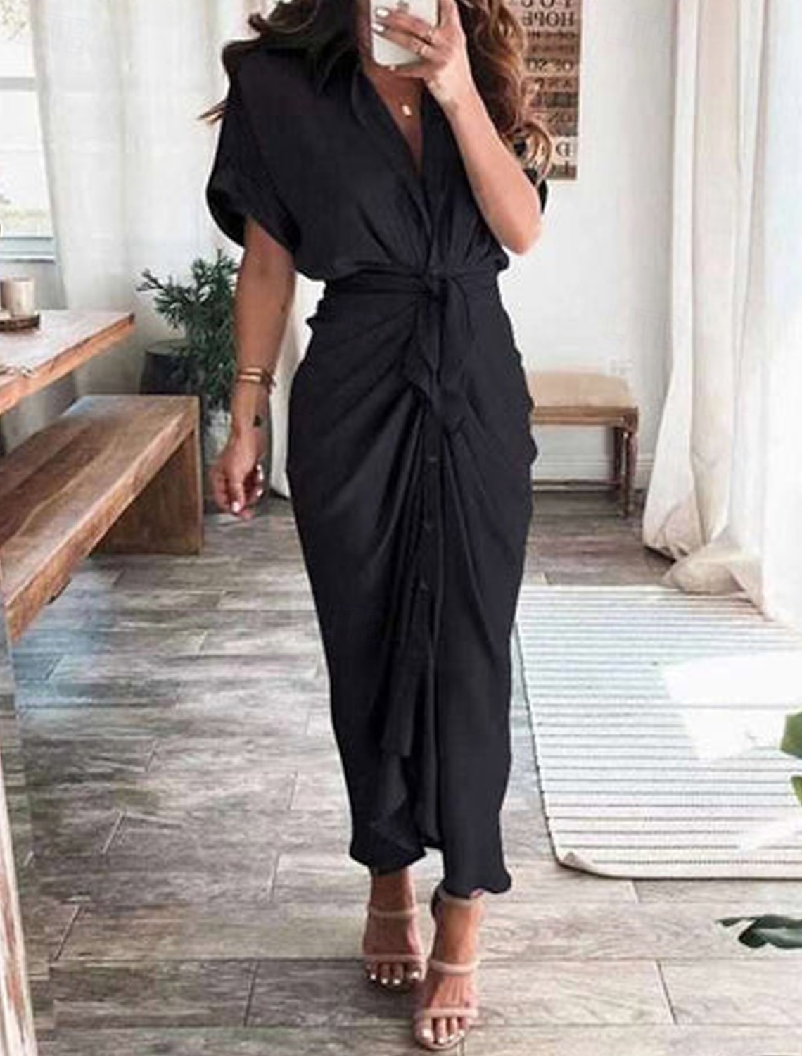 Women's Long Dress Maxi Dress Shirt Dress Casual Dress Summer Dress Stylish Casual Daily Vacation Date Regular Fit Plain Short Sleeve Lapel Black Champagne Red Orange Summer Spring