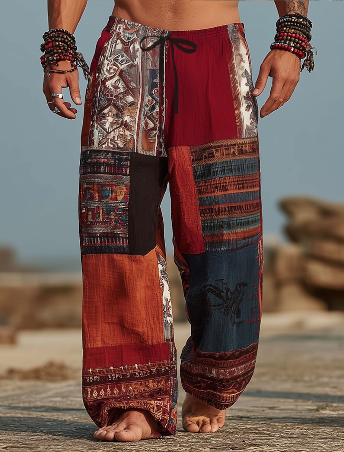 Men's Color Block Patchwork Trousers Baggy Pants Casual Mid Waist