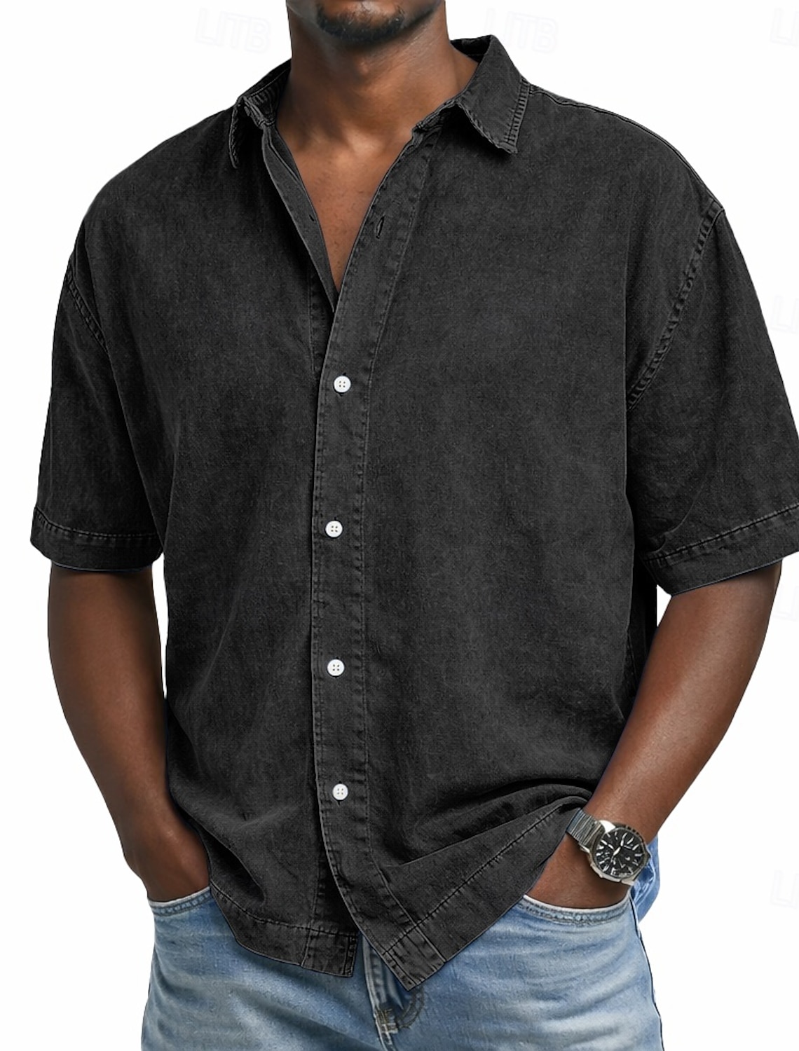 SoftFade™ Men's Shirt Casual Shirt Denim Shirt 100% Cotton Acid Wash Shirt Acid Wash Shirt Black Pink Navy Blue Purple Green Short Sleeve Plain Shirt Collar Casual Daily Clothing