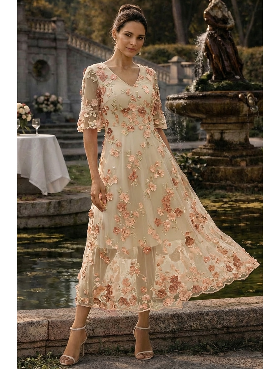 A-Line Dress Ankle Length Tea Length Maxi Dress Party Dress Cocktail Dress Mother of the Bride Dress Short Sleeve V Neck Elegant Vintage Luxurious Formal Wedding Guest Kentucky Derby Chiffon Tulle