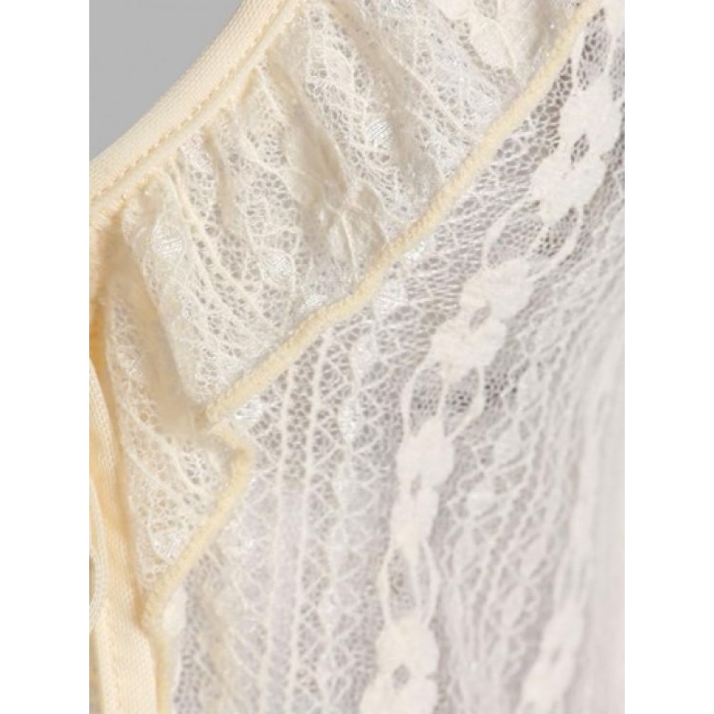 Floral Lace See Thru Ruffle Tie Front Blouse QE5258