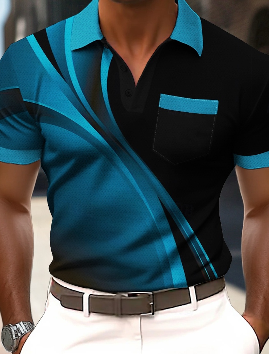 Men's Geometric Line Polo Short Sleeve Shirts Collared Business Casual