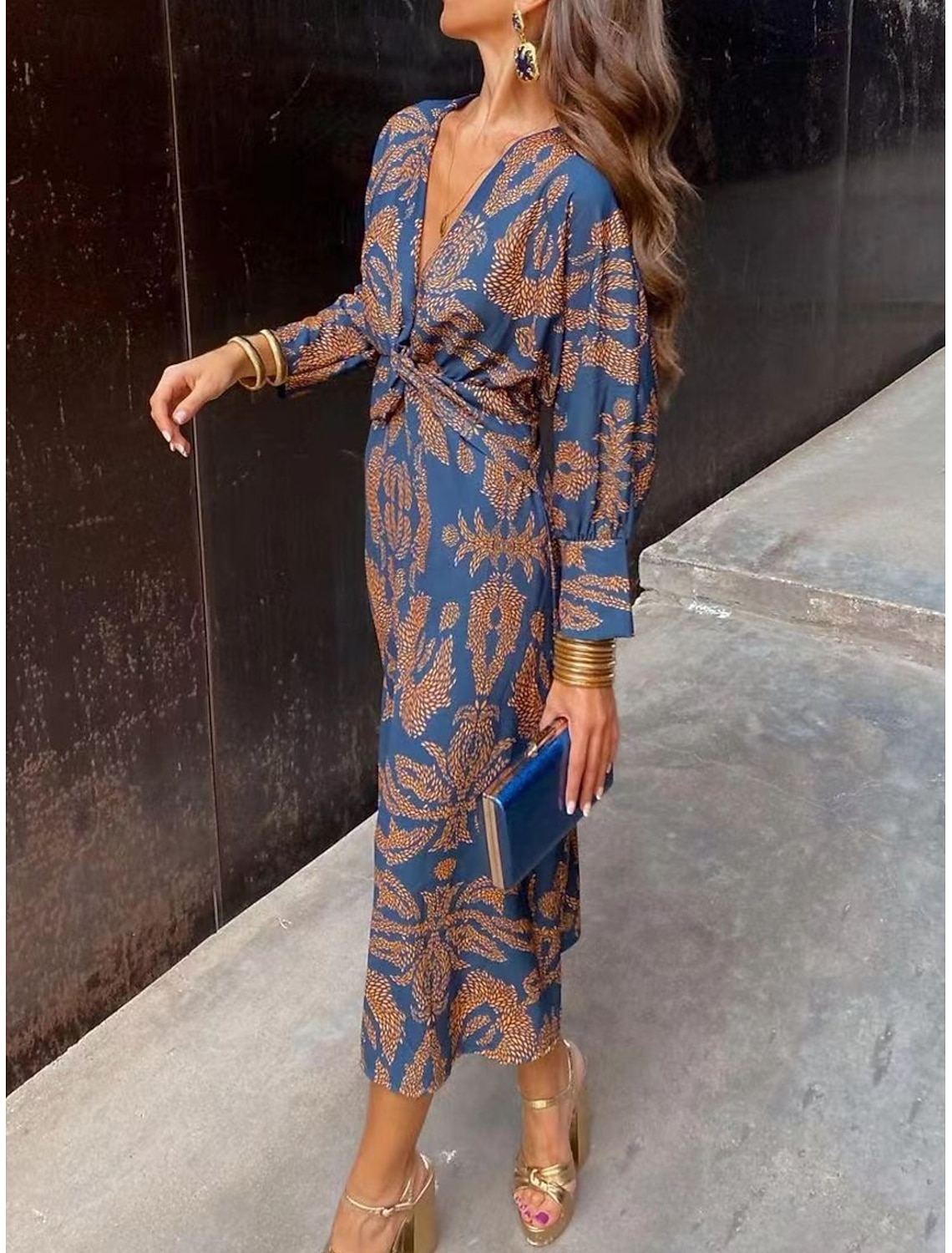 Women's Graphic Print V Neck Maxi Dress Long Sleeve Spring Fall