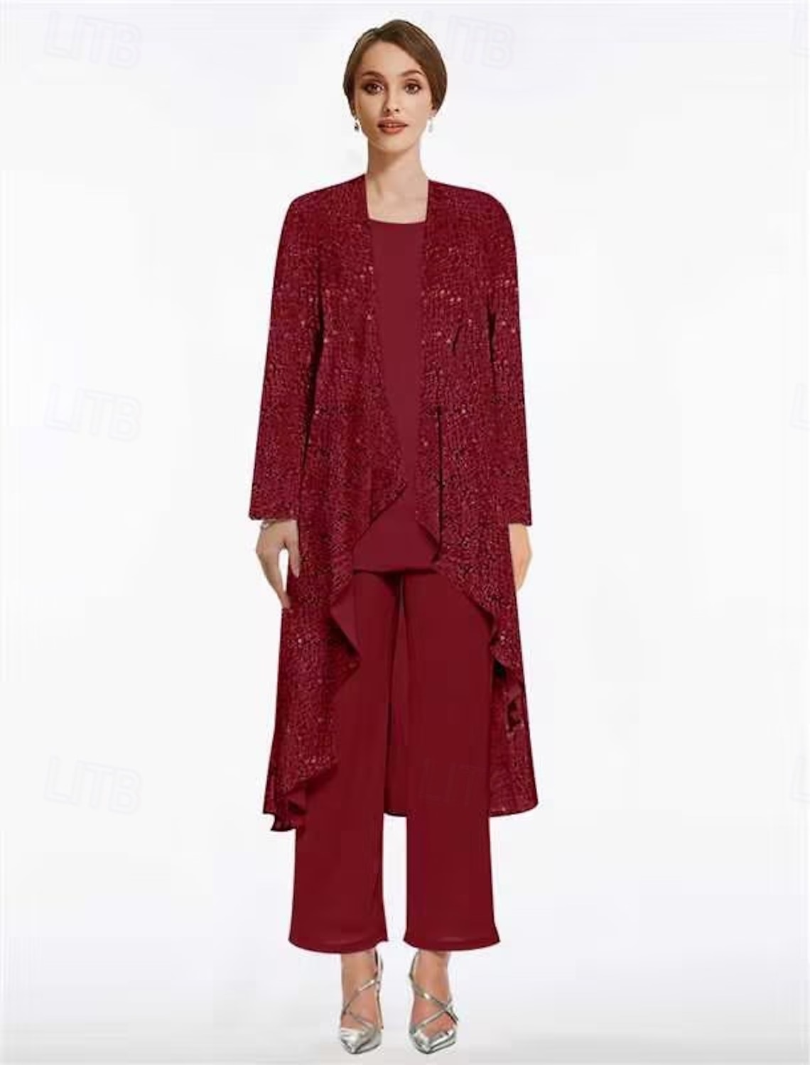 Jumpsuit Pantsuit 3 Piece Floor Length Mother of the Bride Dress Sleeveless Scoop Neck Elegant Wedding Guest Chiffon Lace Wrap Included with Sequin