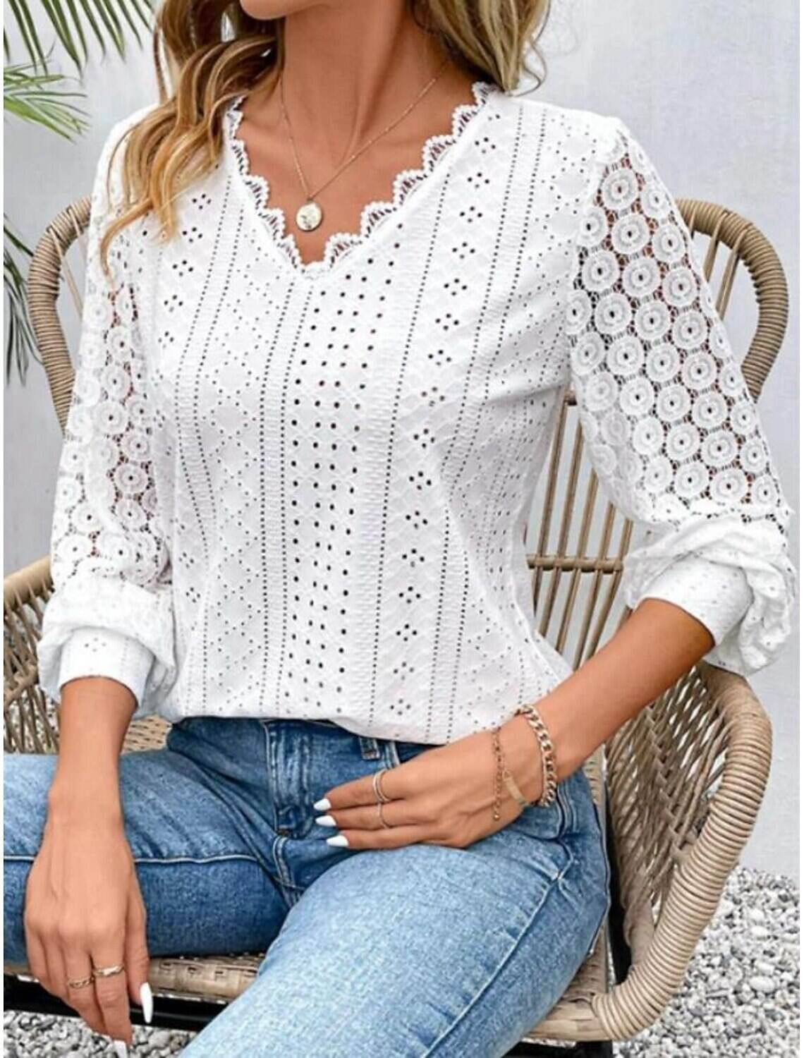 Women's Elegant Lace Tops Eyelet Blouse Stylish Modern Hollow Out Long Sleeve Regular Tops V Neck Work Daily Romantic Petite Tops Summer Holiday Wear Spring Fall