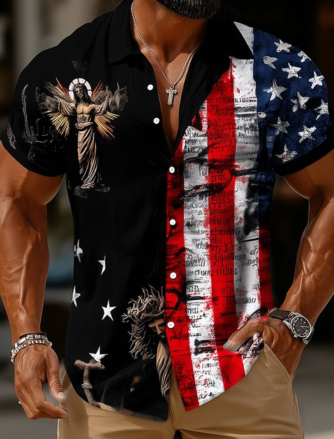 Men's 4th of July U.S. 250th Anniversary Jesus US Flag Shirt Button Up Shirt Short Sleeve Patriotic Outdoor Holiday Summer Spring Turndown 3D Print Collared Shirts Black 1 Black