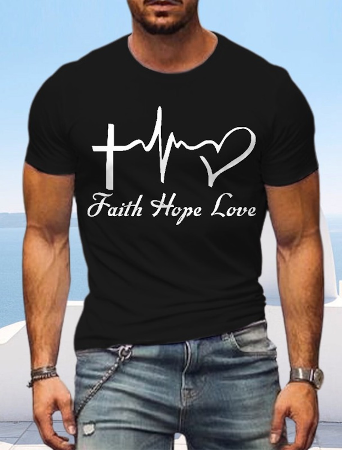 Mens Faith Hope Love T-Shirt, Christian Inspirational Graphic Tee with Heartbeat Cross Design