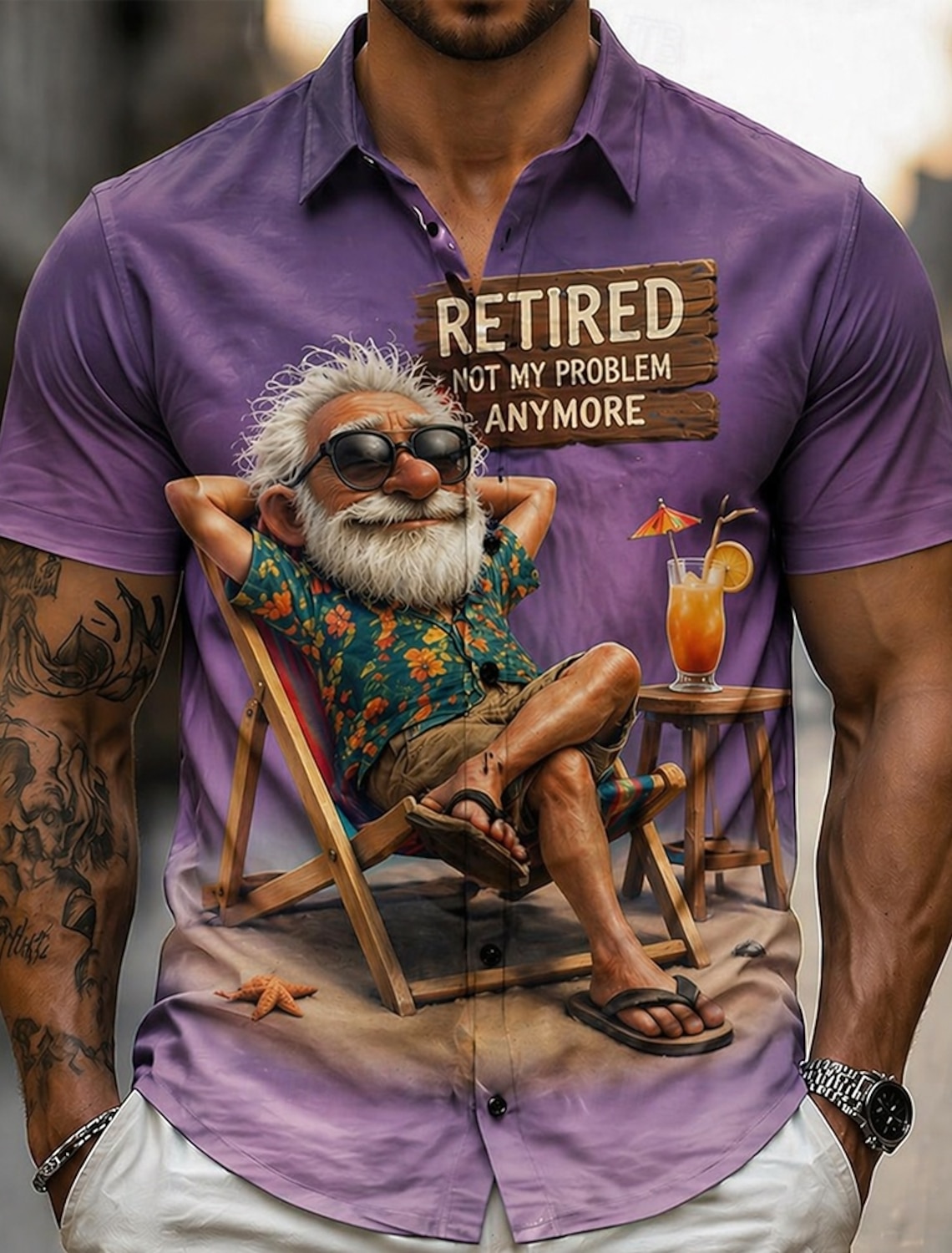 Men's Guitarist Player Cartoon Character Old Man Shirt Summer Shirt Button Up Shirt Short Sleeve Funny Vintage Retro Daily Outdoor Vacation Summer Spring Turndown 3D Print Collared Shirts Blue Violet