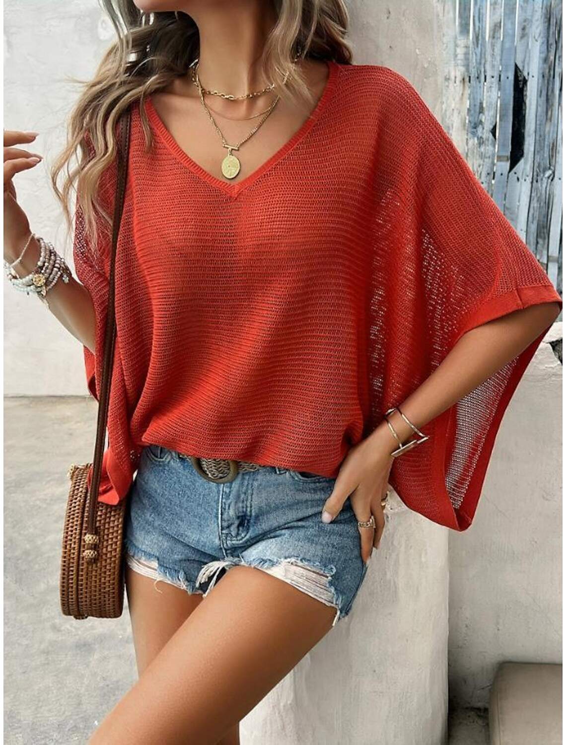 Women's Knitted Top V-neck Short Sleeve Elastic Soft Burnt Casual Loose Fit Versatile Spring Fall Clothing Apparel