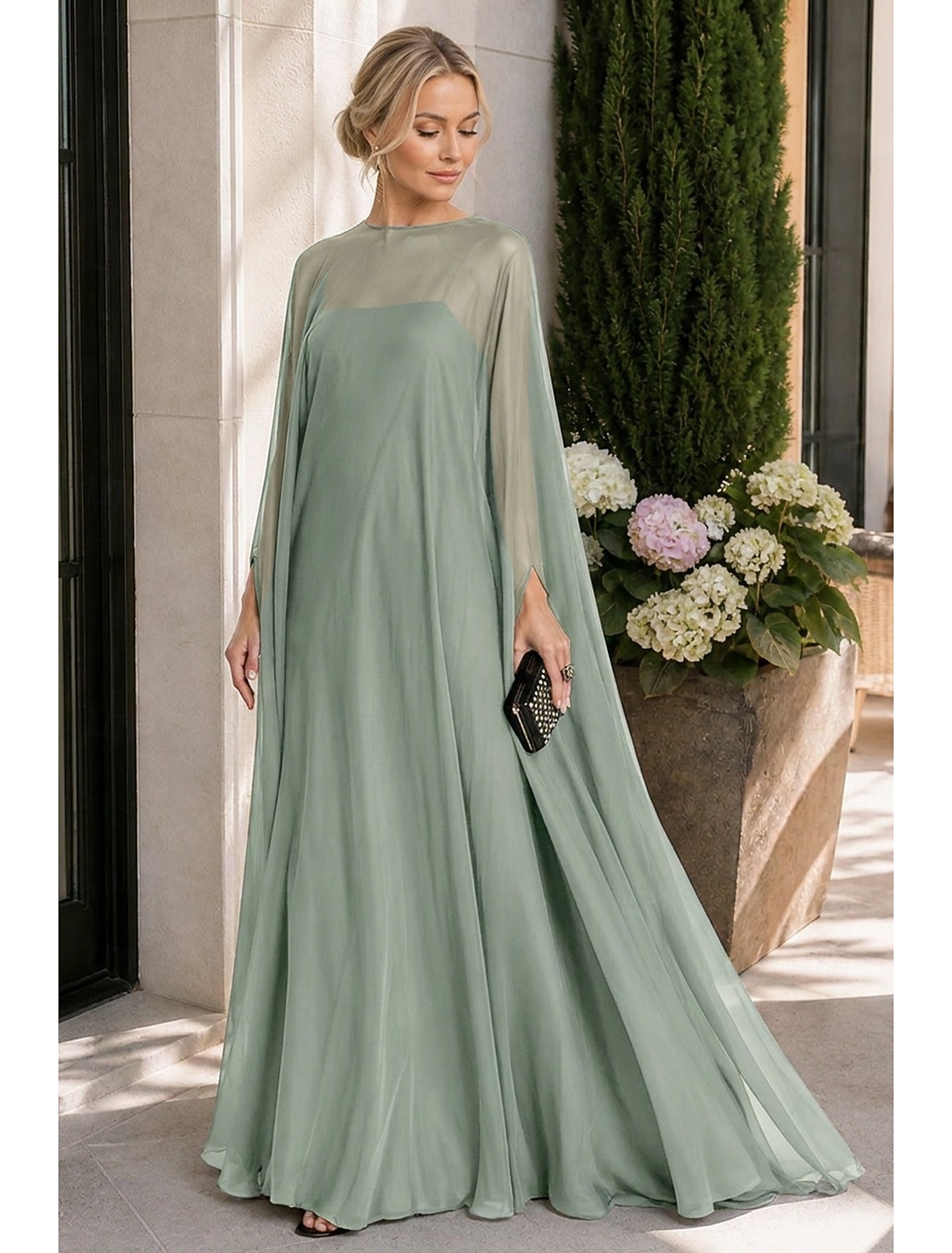 Sheath Evening Gown Empire Dress Formal Evening Sweep / Brush Train Long Sleeve Boat Neck Fall Wedding Guest Chiffon with Pleats dress to impress