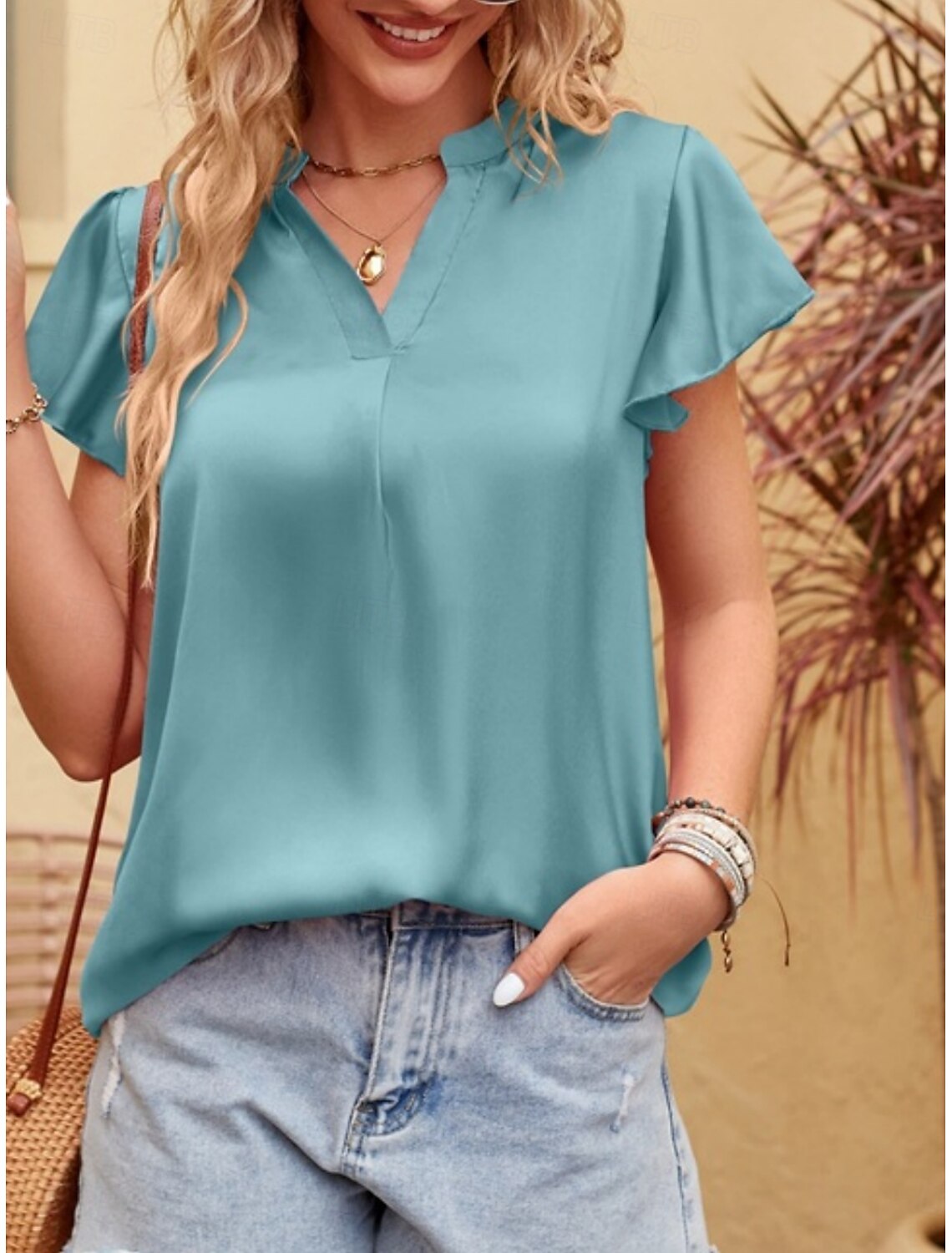 Women's T Shirt Fashion Modern Formal Plain Regular Tops Short Sleeve V Neck Ruffle Regular Fit Formal Wear Summer