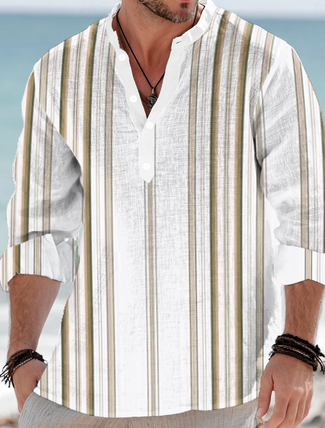 Men's Geometric Striped Shirt Button Up Henley Long Sleeve Fashion