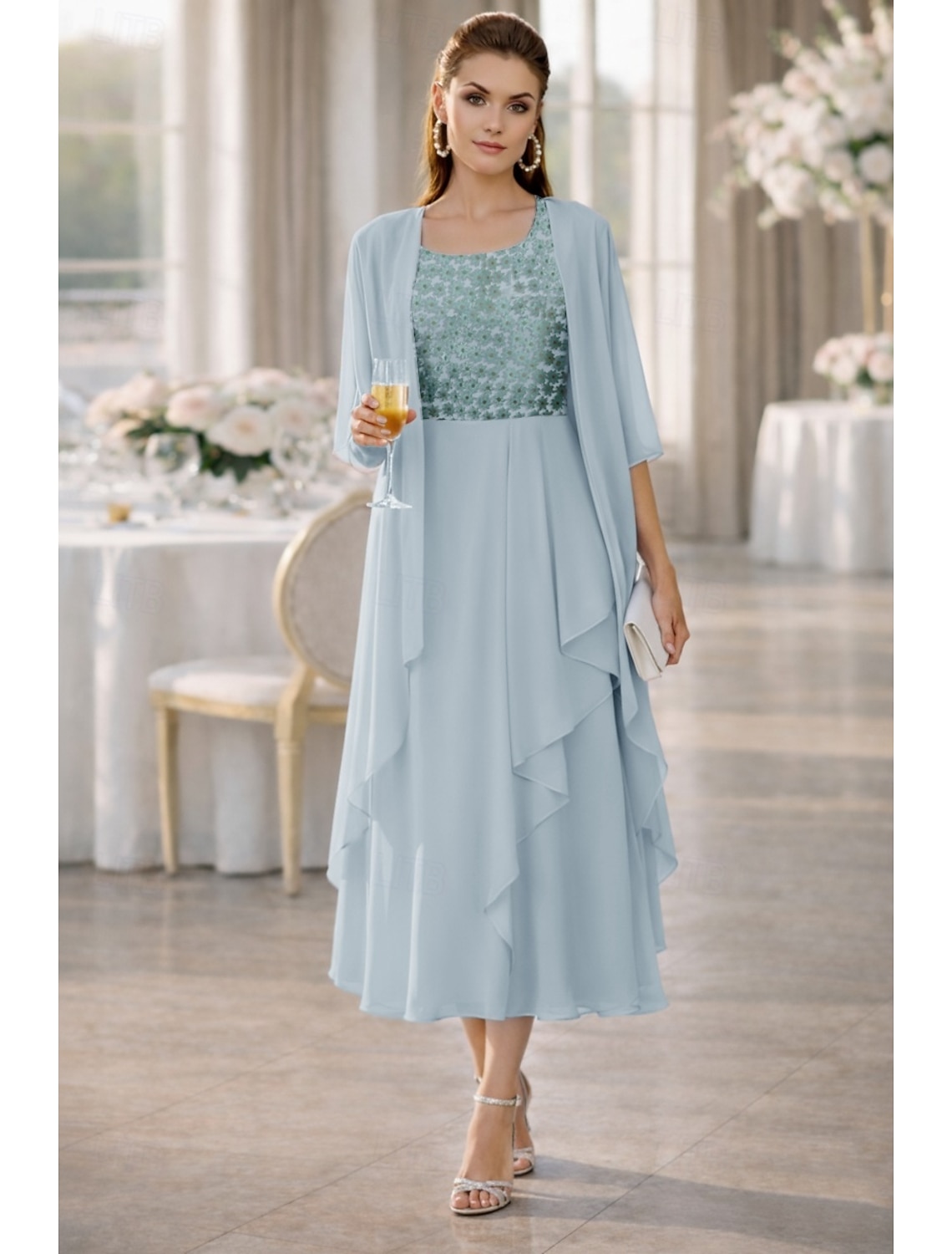 Two Piece A-Line Knee Length Wedding Guest Dress Mother of the Bride Dress Sleeveless Scoop Neck Elegant Wedding Guest Wedding Party Chiffon Lace Jacket Dresses with Pleats Appliques
