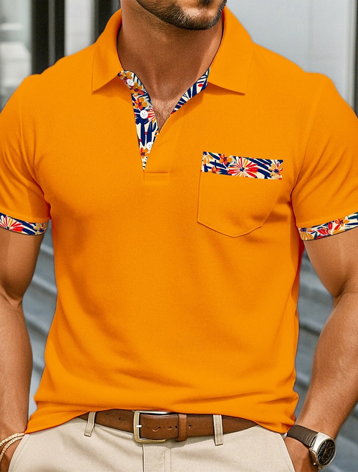 Men's Polo Shirts Golf Shirt Casual Sports Classic Short Sleeve Fashion Cool Color Block Buttons Summer Spring & Fall Regular Fit Orange Polo Shirts