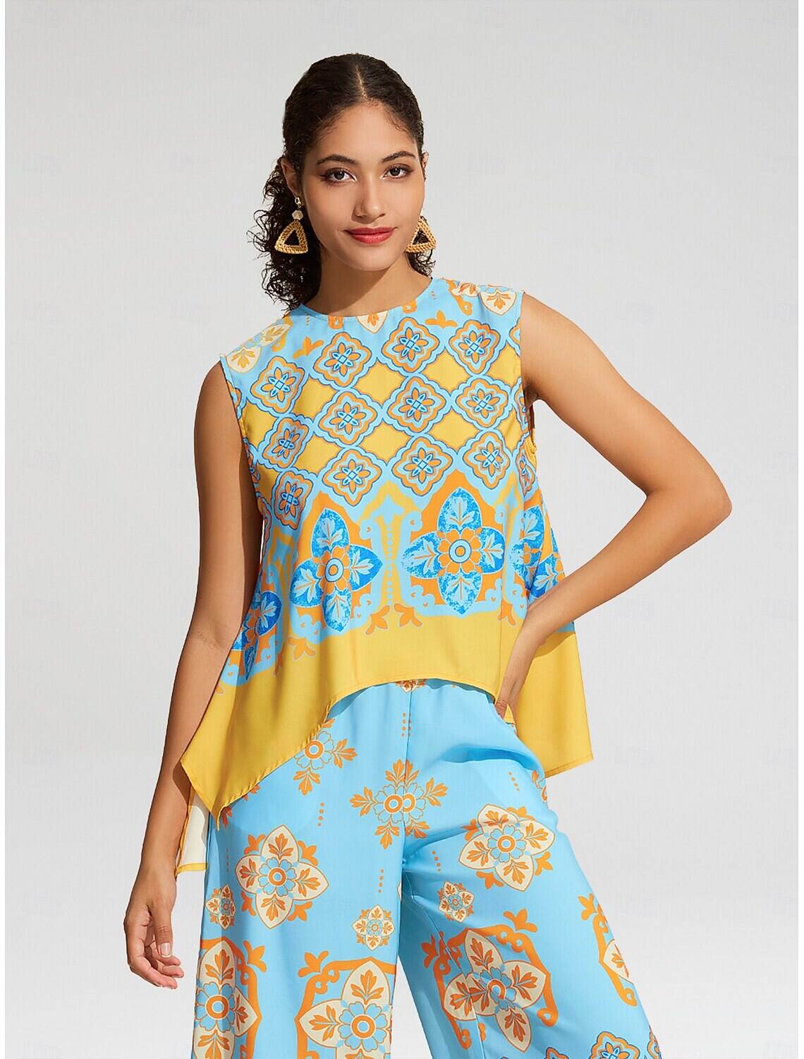 Satin Boho Double Slit Crew Neck Sleeveless Tank Top