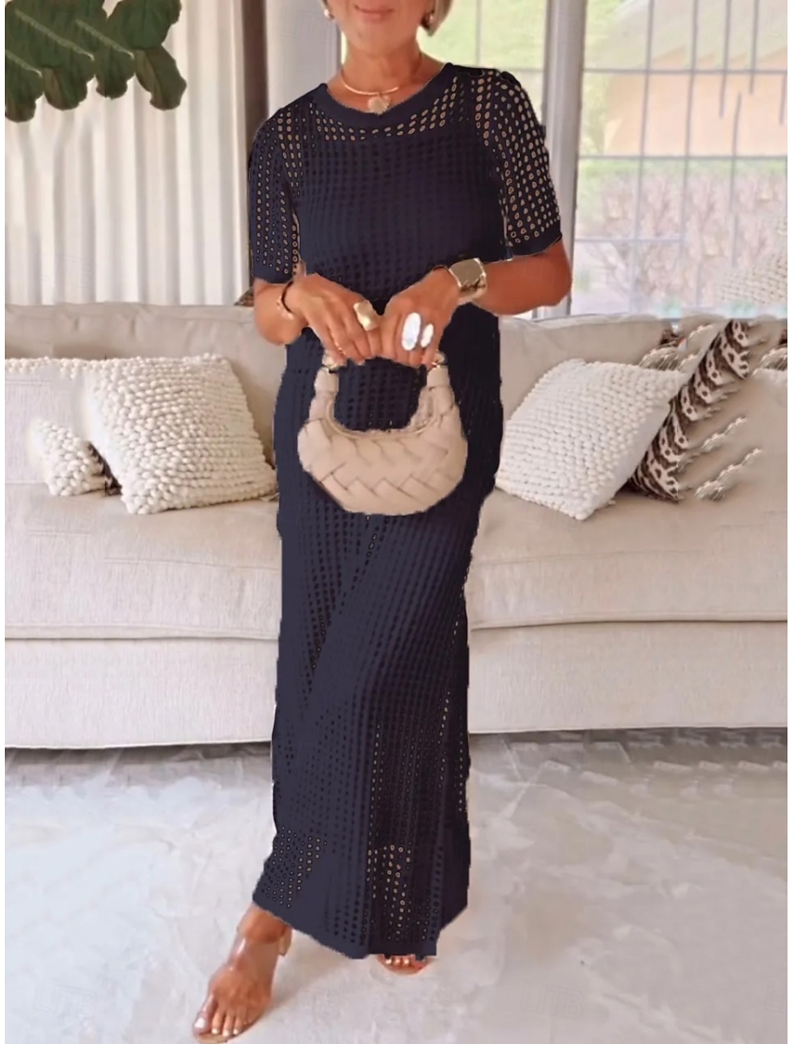 Women's Long Dress Maxi Dress Cut Out Dress Summer Dress Elegant Fashion Modern Outdoor Vacation Going out Regular Fit Plain Short Sleeve Crew Neck Black White Pink Purple Summer Spring
