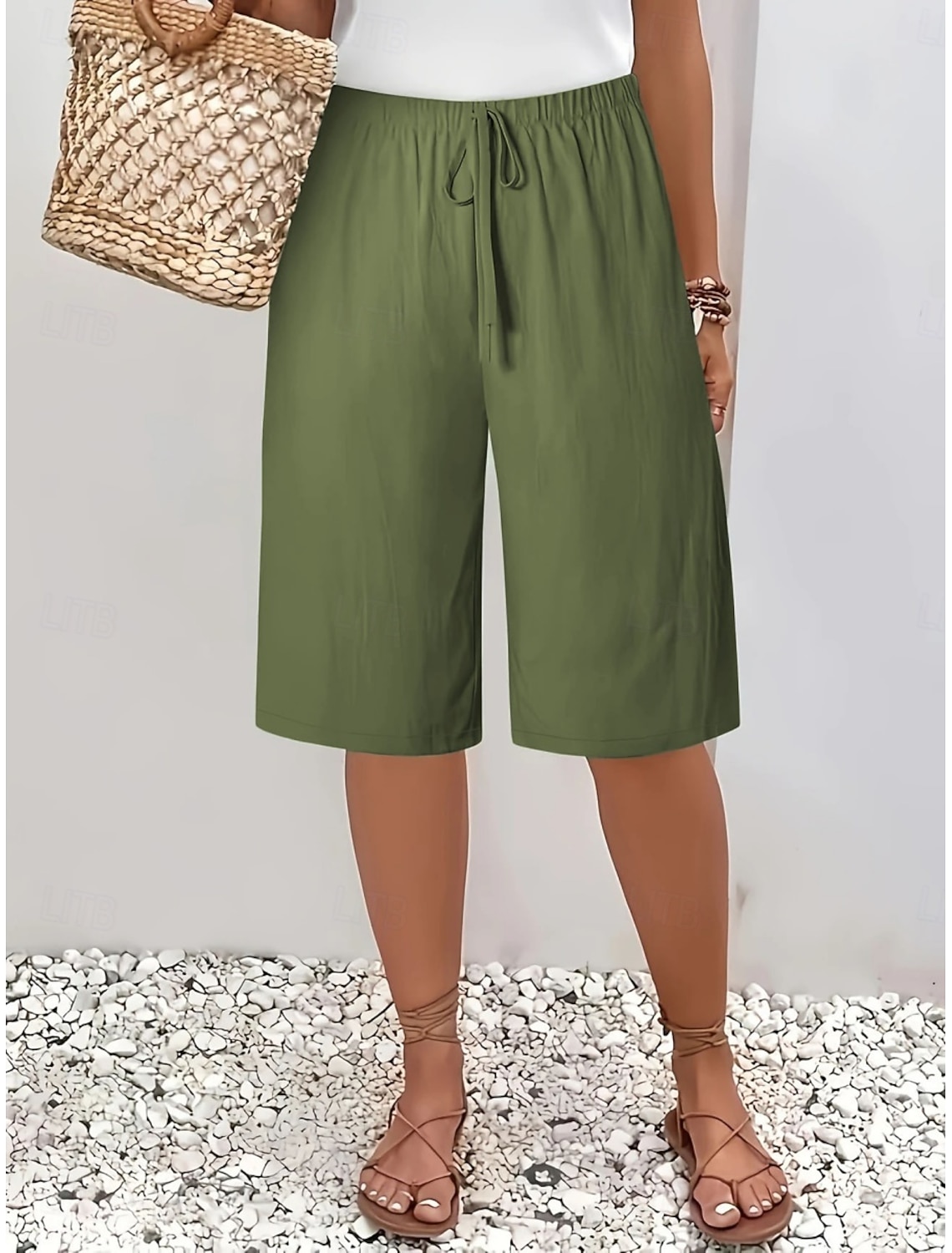 Women's Bermuda shorts Shorts Summer Shorts Beach Shorts Vacation Fashion Casual Knee Length High Waist Plain Drawstring Pocket Comfort Lightweight Soft Micro-elastic Outdoor Beach Holiday Blue Army