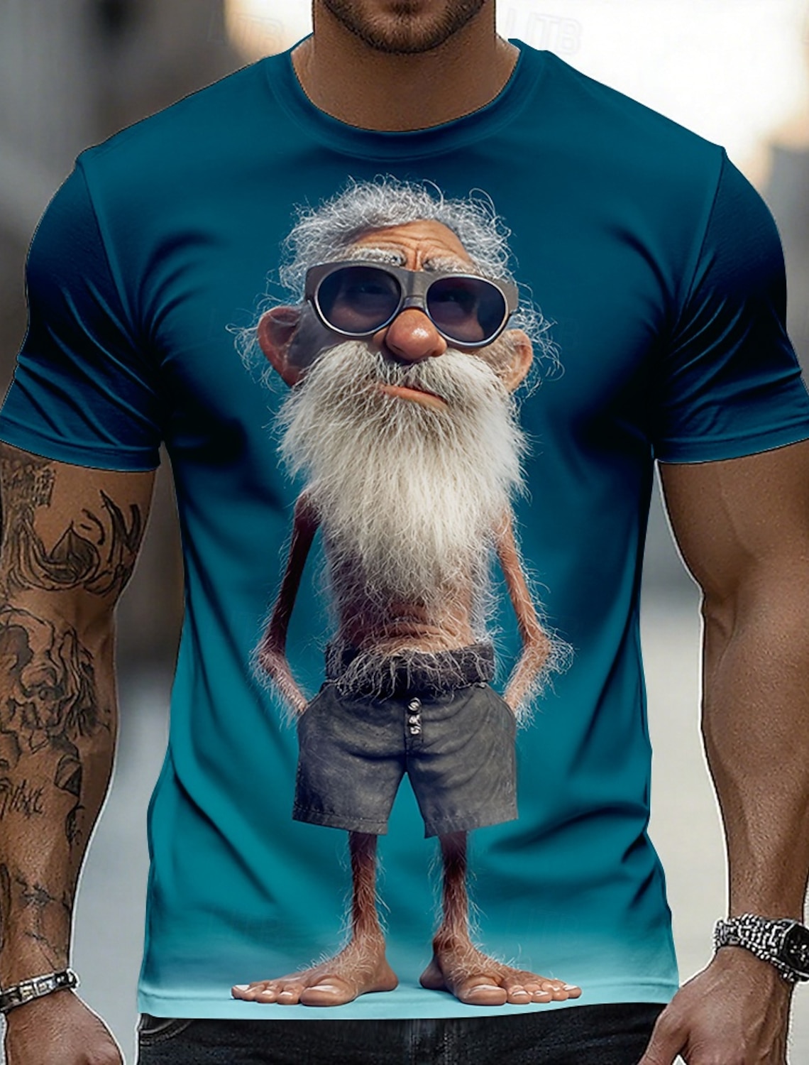 Funny 3D Graphic Cool Old Man with White Beard & Sunglasses Men's Teal T-Shirt - Quirky Grandpa Caricature Design Short Sleeve Crew Neck Summer Beach Holiday Tee - Unique Father's Day Gift Apparel