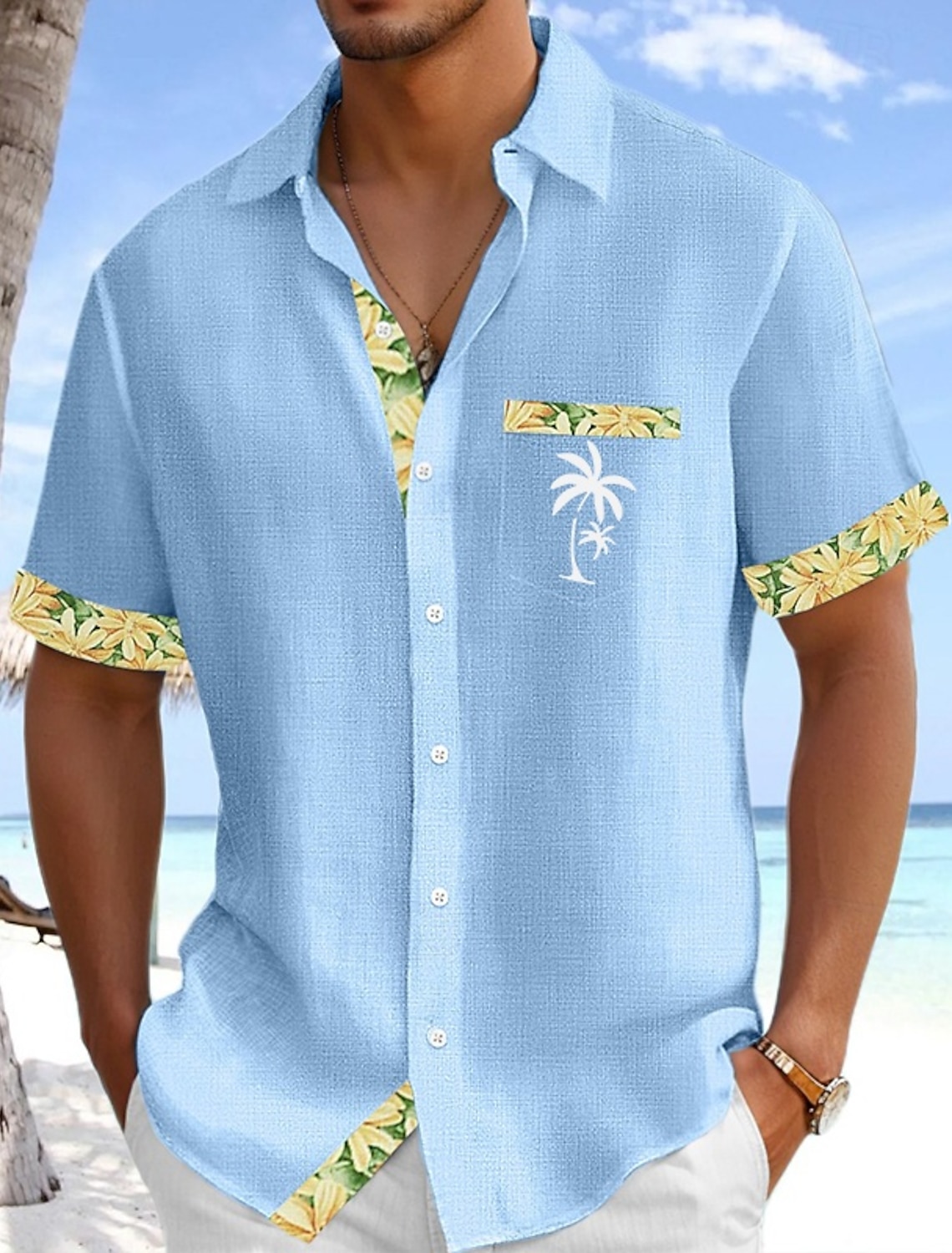 Men's Shirt Linen Shirt Summer Shirt Beach Shirt Button Up Shirt Coconut Tree Holiday Daily Wear White Pink Sky Blue Green Short Sleeve Turndown Summer Clothing Apparel Front Pocket
