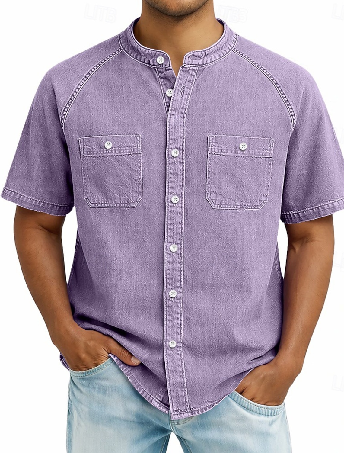 SoftFade™ Men's Shirt Casual Shirt Button Up Shirt Cotton Acid Wash Shirt Black Light Green Pink Purple khaki Short Sleeve Plain Grandad Collar Casual Daily Front Pocket Clothing