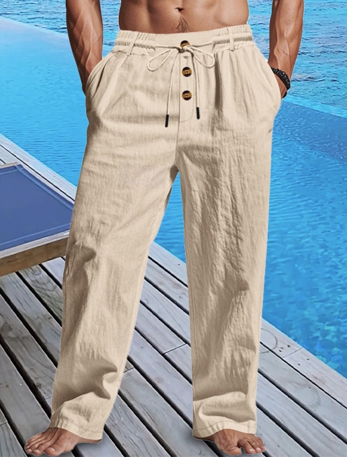 Men's Linen Pants Trousers Summer Beach Buttons Pocket Drawstring