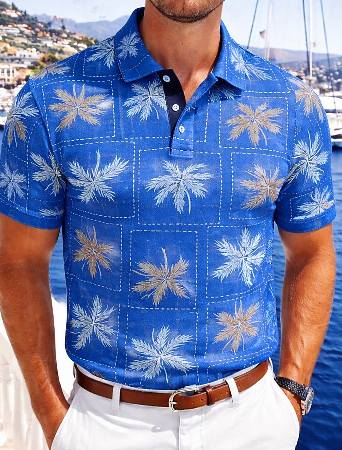 Men's Palm Tree Polo Shirts Short Sleeve Collared Hawaiian Casual