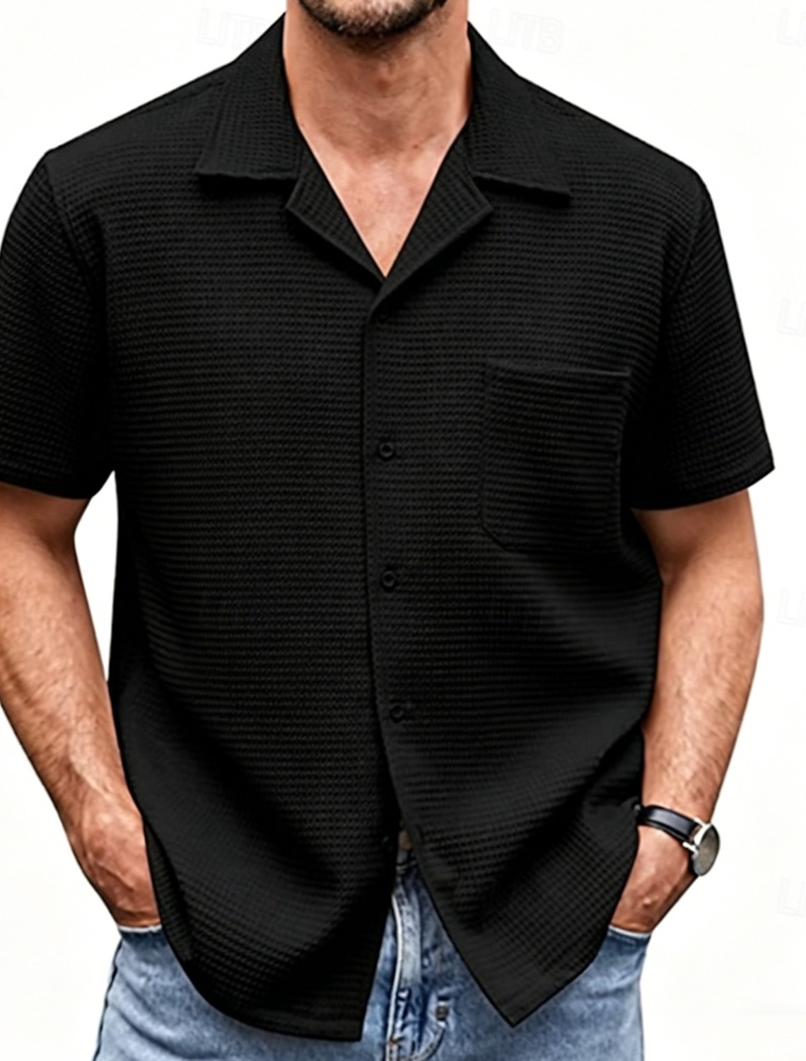 Men's Shirt Waffle Shirt Casual Shirt Button Up Shirt Jacquard Shirt Black White Pink Navy Blue Purple Short Sleeve Plain Shirt Collar Casual Daily Front Pocket Clothing Apparel Elegant Fashion Casual