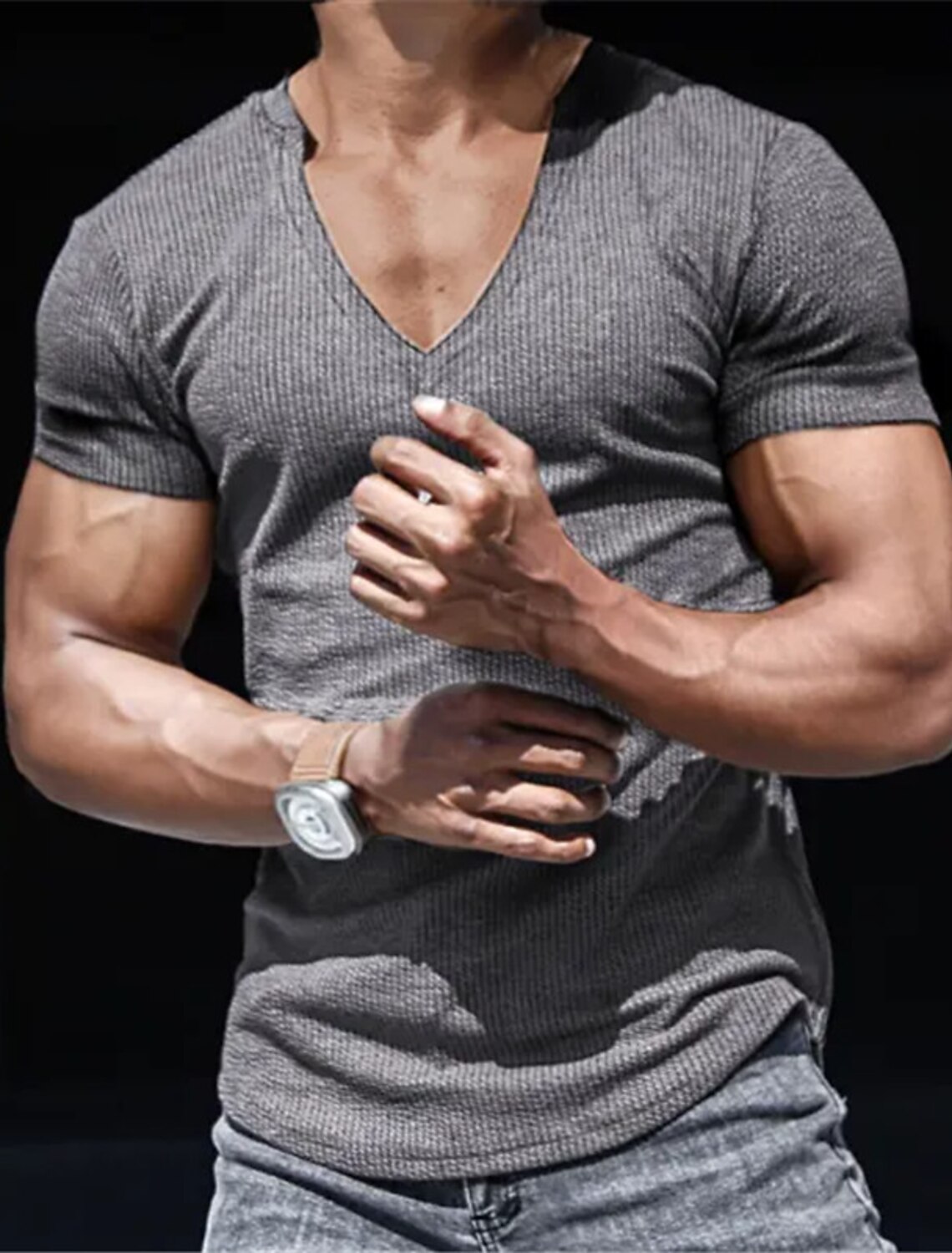 Men's T Shirt Rib Knit Top Muscle Ribbed tee Short Sleeves V Neck
