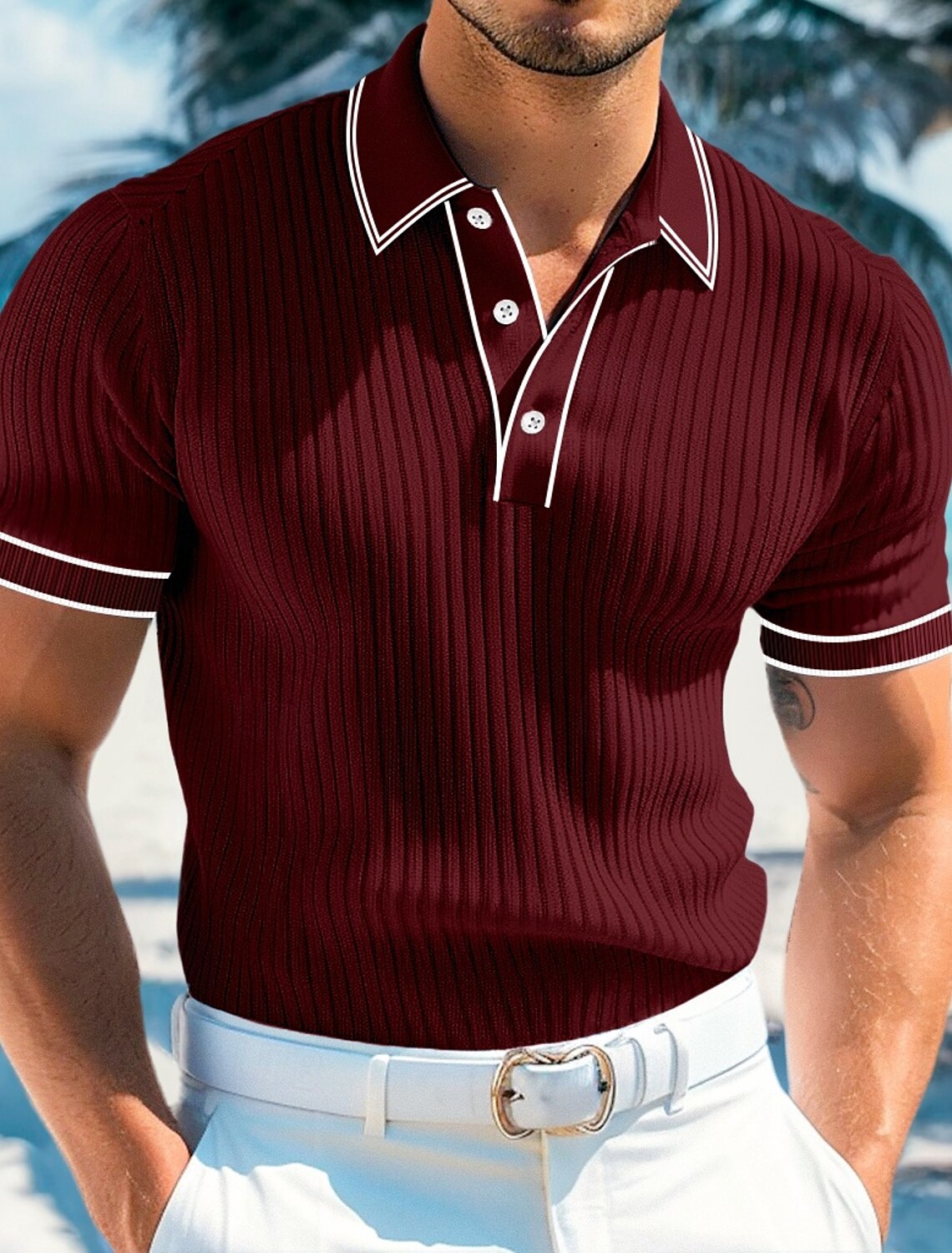 Men's Textured Muscle Shirt Holiday Lapel Ribbed Polo Collar Short