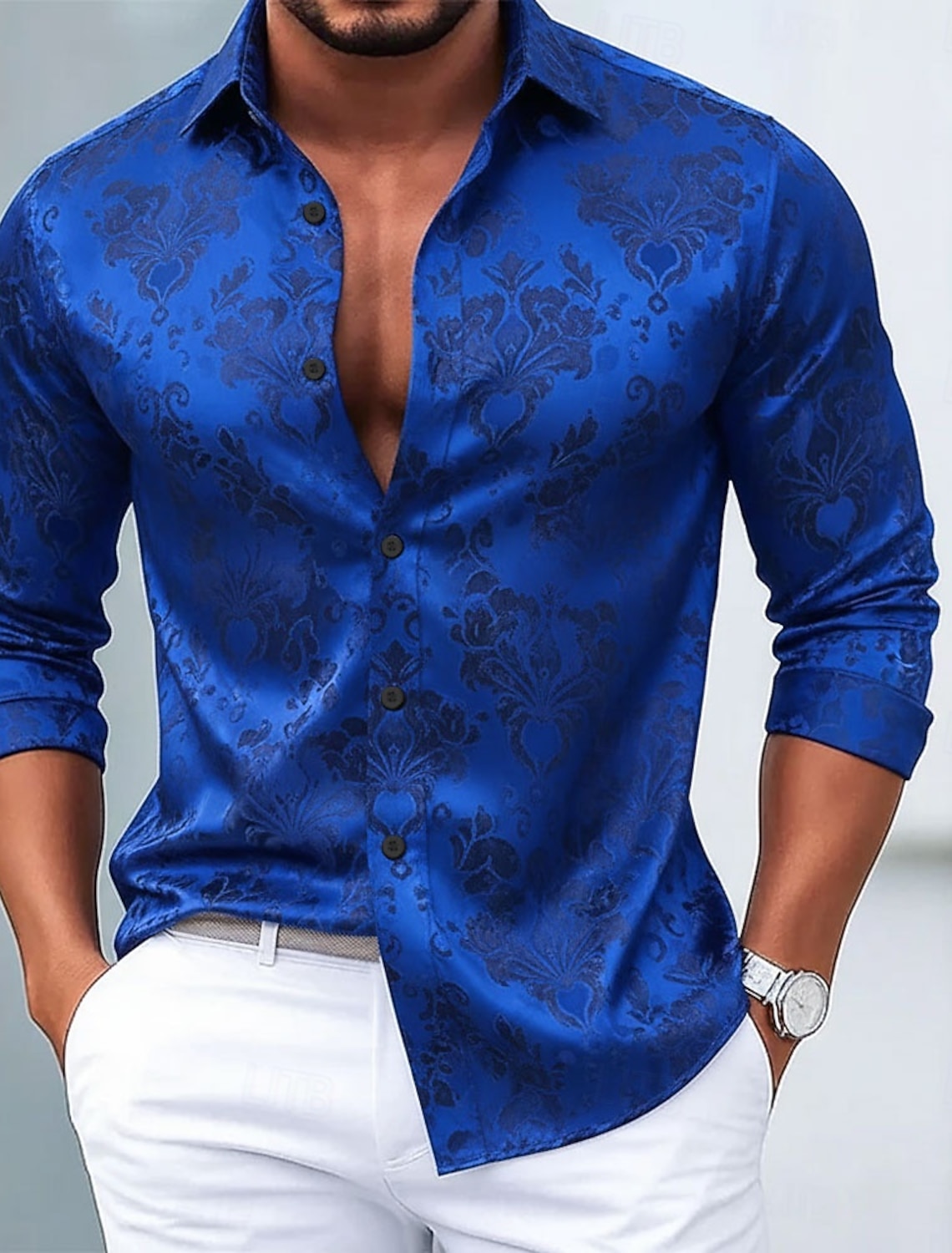 Men's Ethnic Intricate Floral Flowers Shirt Satin Shirt Dress Shirt Long Sleeve Vintage Retro Vacation Dailywear Summer Spring Fall Turndown 3D Print Button Up Shirts Blue Light Green Red Green