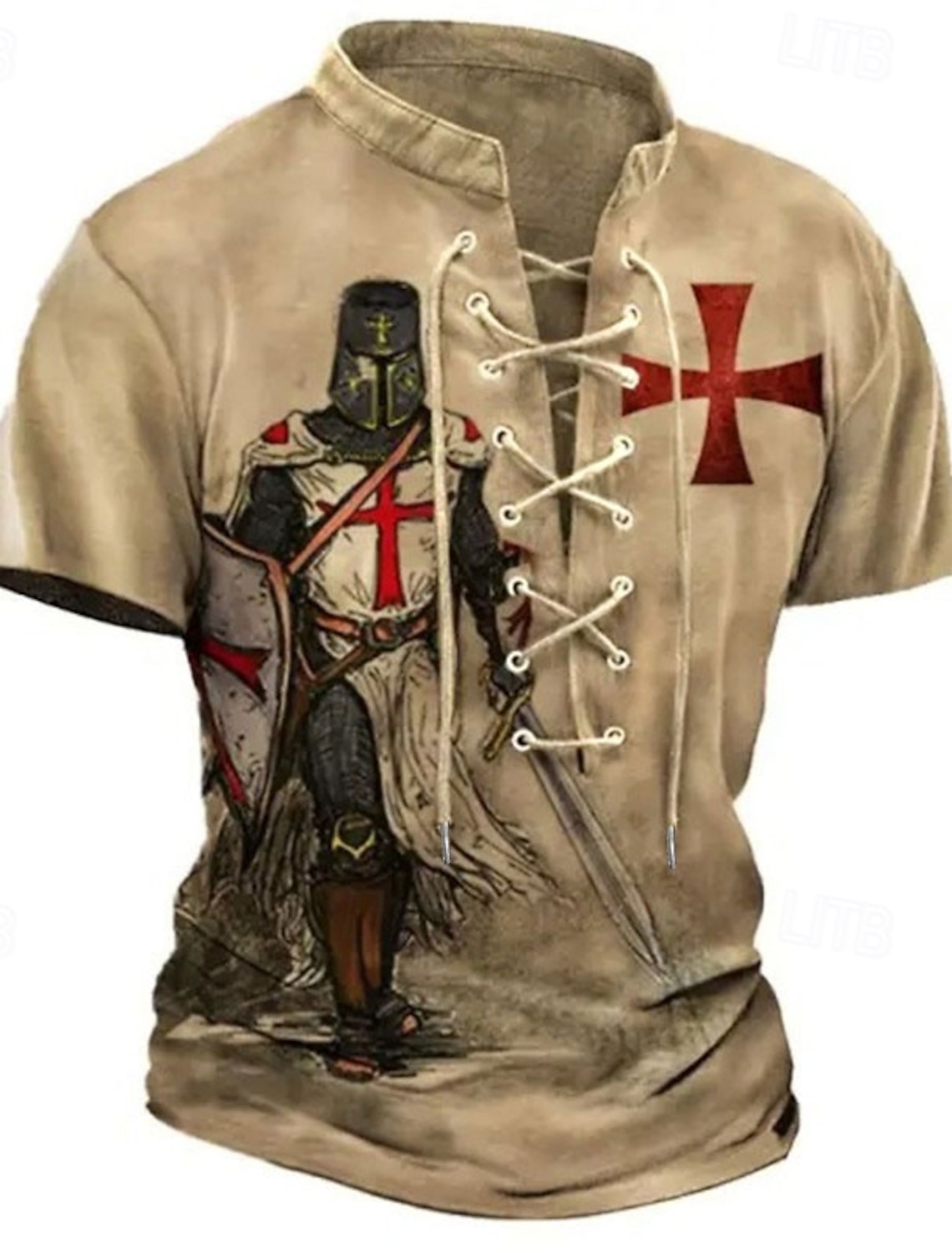 Knights Templar Crusader Armor Red Cross Raven Men's Medieval Renaissance Vintage Gothic Henley Shirt All Over Print Lace Up Short Sleeve Renaissance Faire Cosplay Costume Streetwear Designer Clothing
