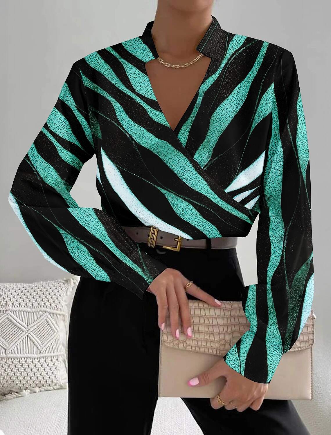Women's Shirt Blouse Fashion Striped Print Long Sleeve Regular Tops V Neck Work Spring & Fall