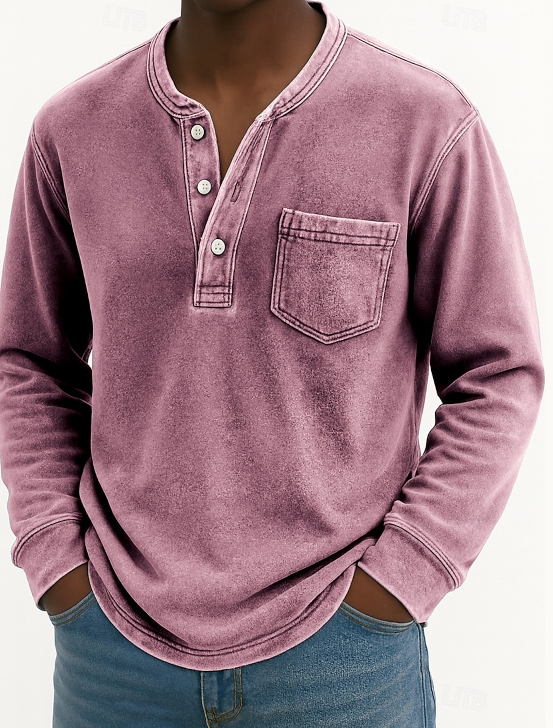Men's Henley Shirt 100% Cotton Acid Wash T Tee Long Sleeve Vintage