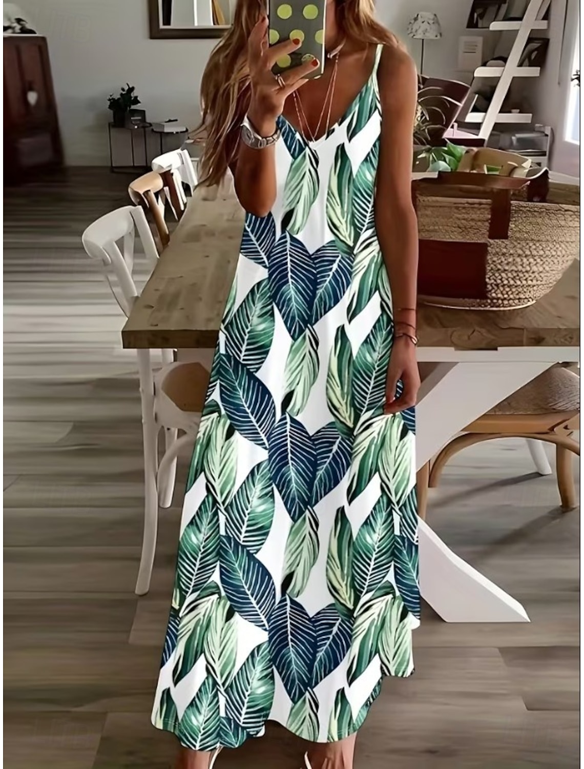 Women's Maxi Dress Sundress A Line Dress Slip Dress Vacation Casual Boho Beach Loose Fit Graphic Leaf Sleeveless V Neck Spaghetti Strap White Light Green Pink Sky Blue Summer Spring
