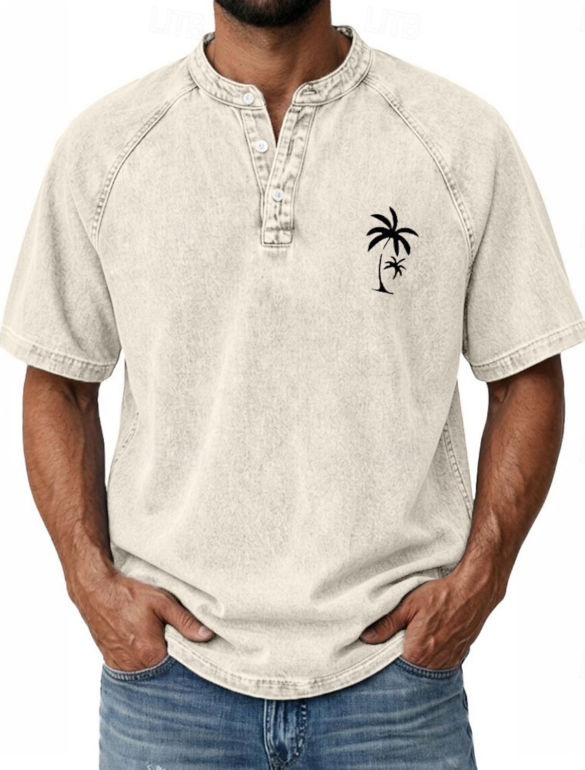 SoftFade™ Men's Coconut Tree T Shirt Demin Shirt 100% Cotton Acid Wash Shirt Short Sleeve Vintage Streetwear Casual Home Street Summer Spring Black Light Green Light Blue Stand