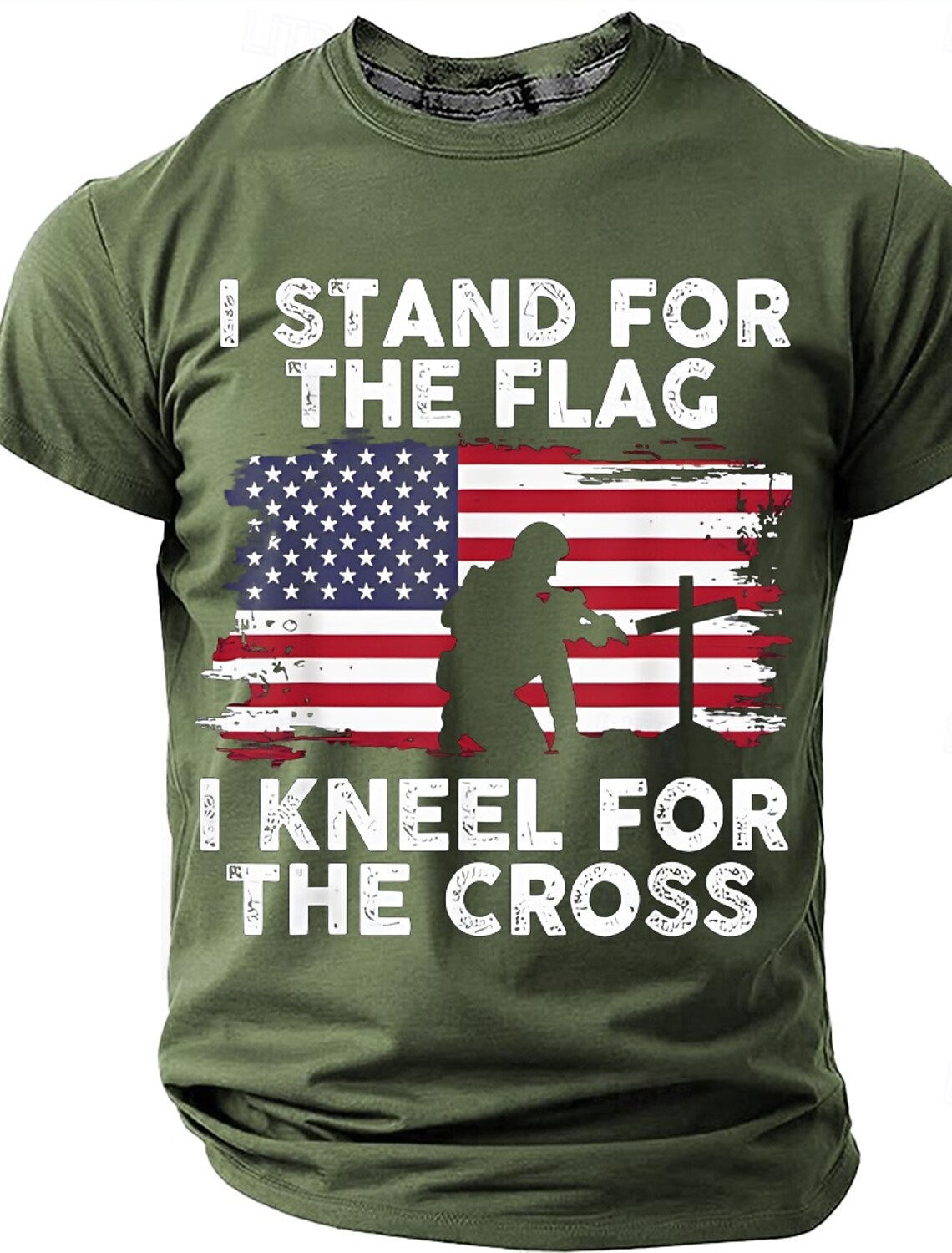Memorial Day I Stand For The Flag I Kneel For The Cross Men's Bible American Flag Kneeling Soldier Christian Cross Patriotic Graphic T Shirt Vintage Casual Tee Designer Clothing Apparel