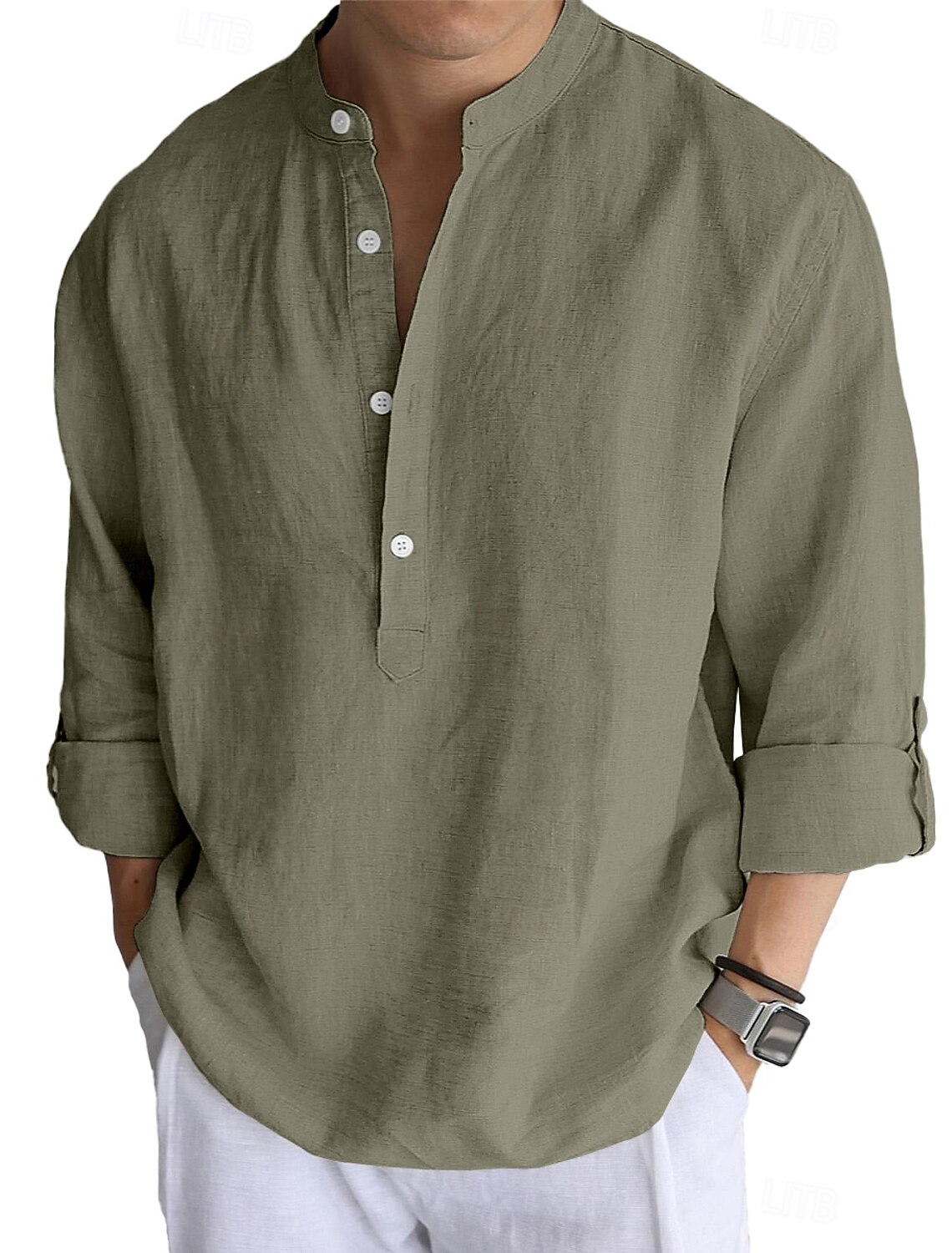 Men's Linen Shirt Popover Casual Beach Band Collar Plain Vacation