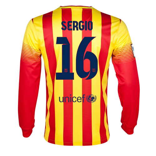 13-14 Barcelona 16 Sergio Away Long Sleeve Soccer Jersey Shirt -