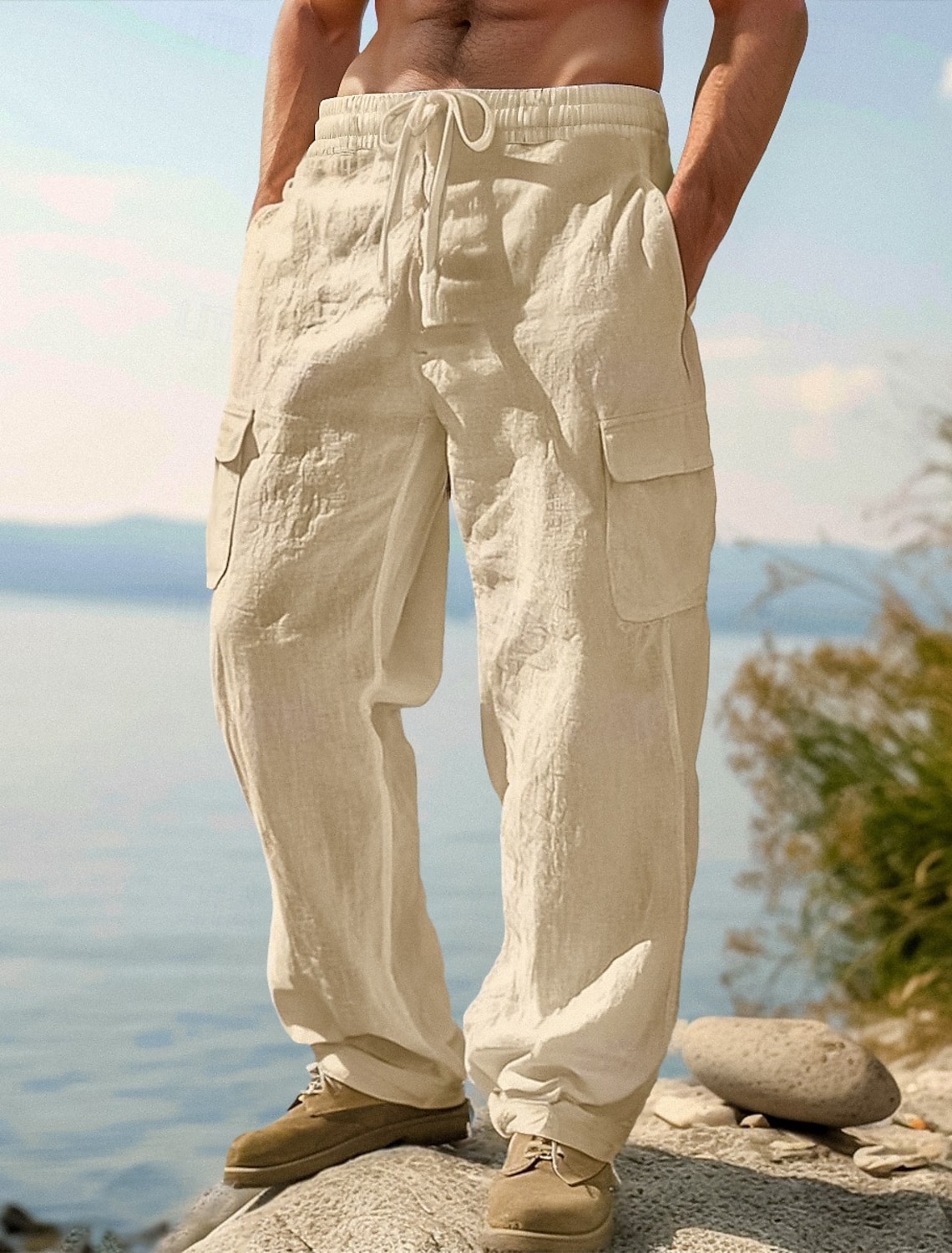 Men's Cargo Shorts Shorts Linen Shorts Summer Shorts Beach Shorts Drawstring Elastic Waist Multi Pocket Plain Knee Length Outdoor Beach Vacation Hawaiian Black White Inelastic