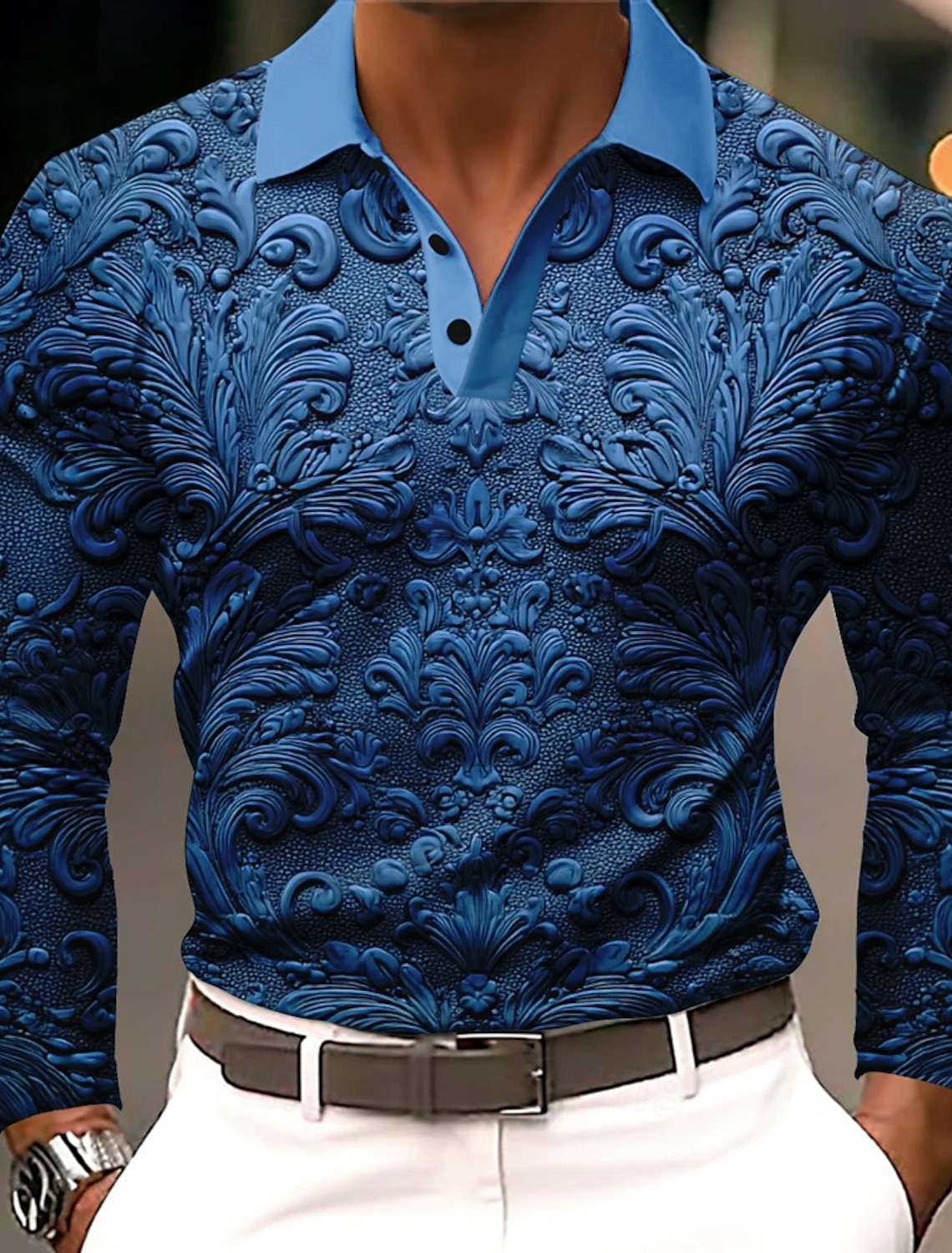 Men's Floral Polo Long Sleeve Polo Shirts Lapel Business Casual Athleisure Daily Wear 3D Print Buttons Spring Fall Winter Blue Purple