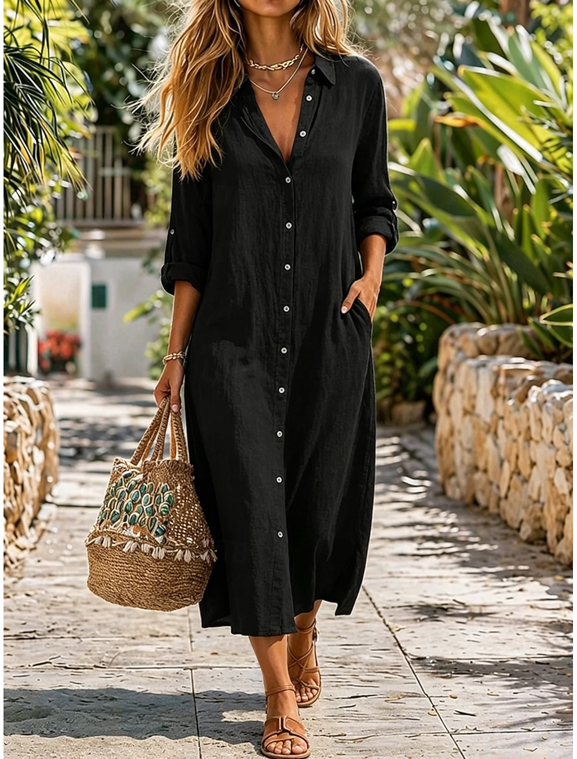 Womens Midi Dress Cotton Linen Washed Shift Dress Basic Daily Loose Fit Plain Long Sleeve Shirt Collar Summer Spring Fall