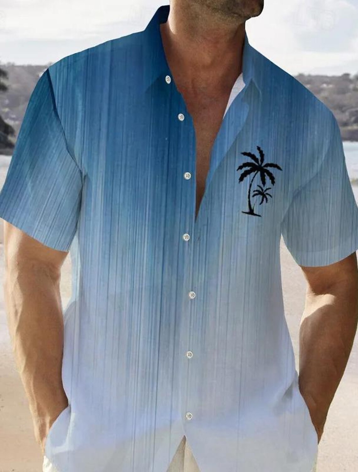Color Gradient Palm Tree Men's Resort Hawaiian 3D Printed Shirt Button