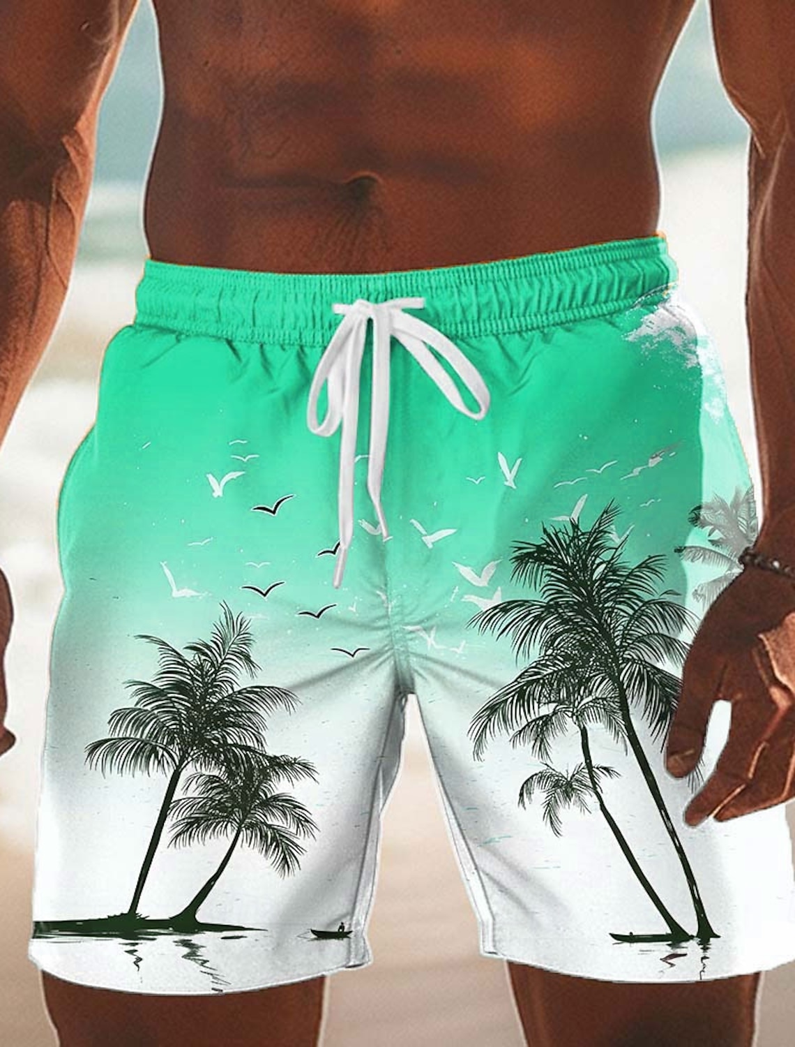 Men's Coconut Tree Gradient Color Tropical Plants Swim Trunks Swim Shorts Board Shorts Mid Waist Hawaiian Beach Vacation Wear Side Pockets Mesh Lining Elastic Drawstring Waist Designer Clothing